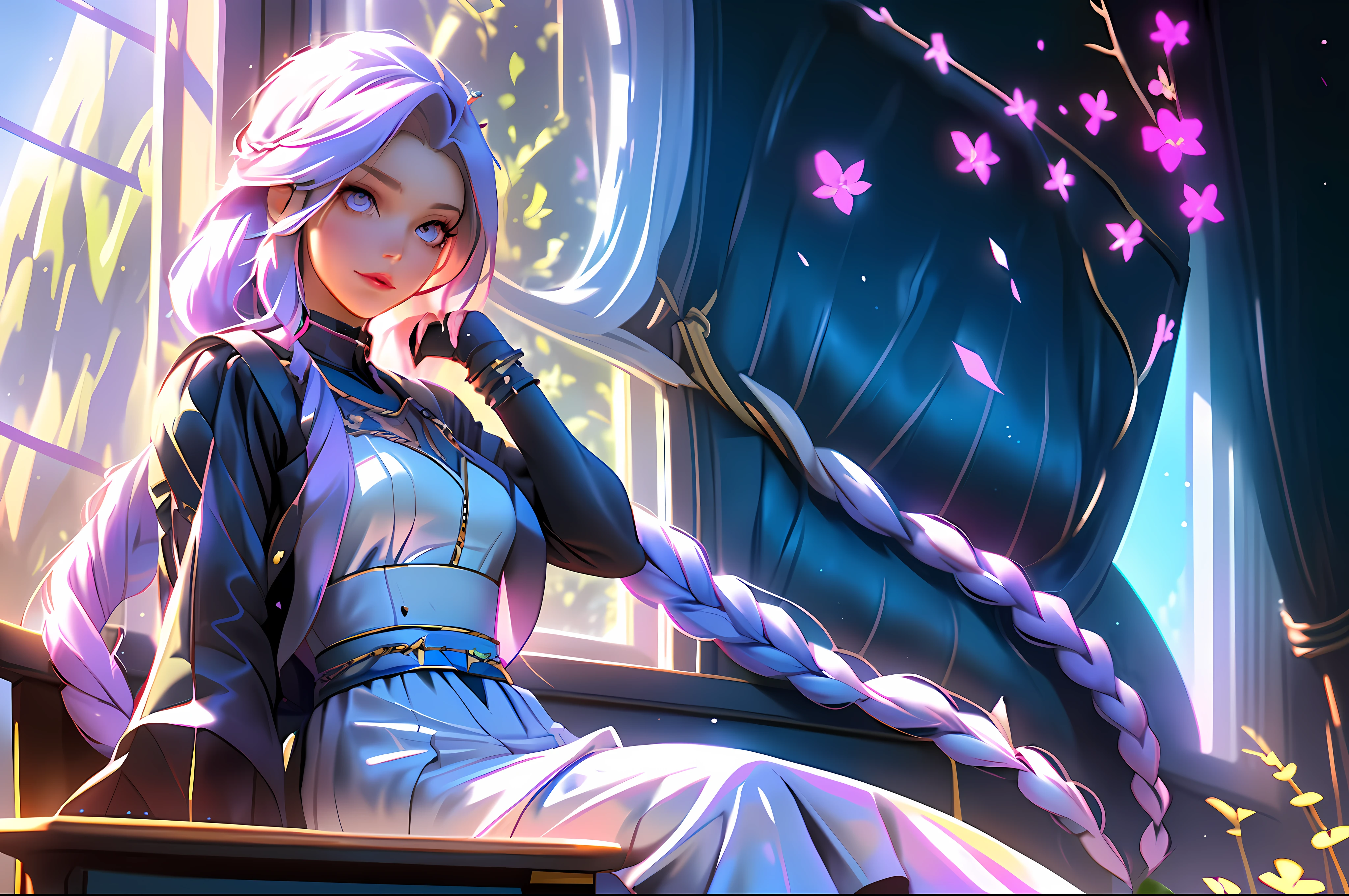 Girl sitting on a school chair, with long hair with flowers, one big long braid on her side, looking out the window, beautiful and detailed eyes, beautiful hands, nice sharp lips, thinking, quiet atmosphere, sunlight