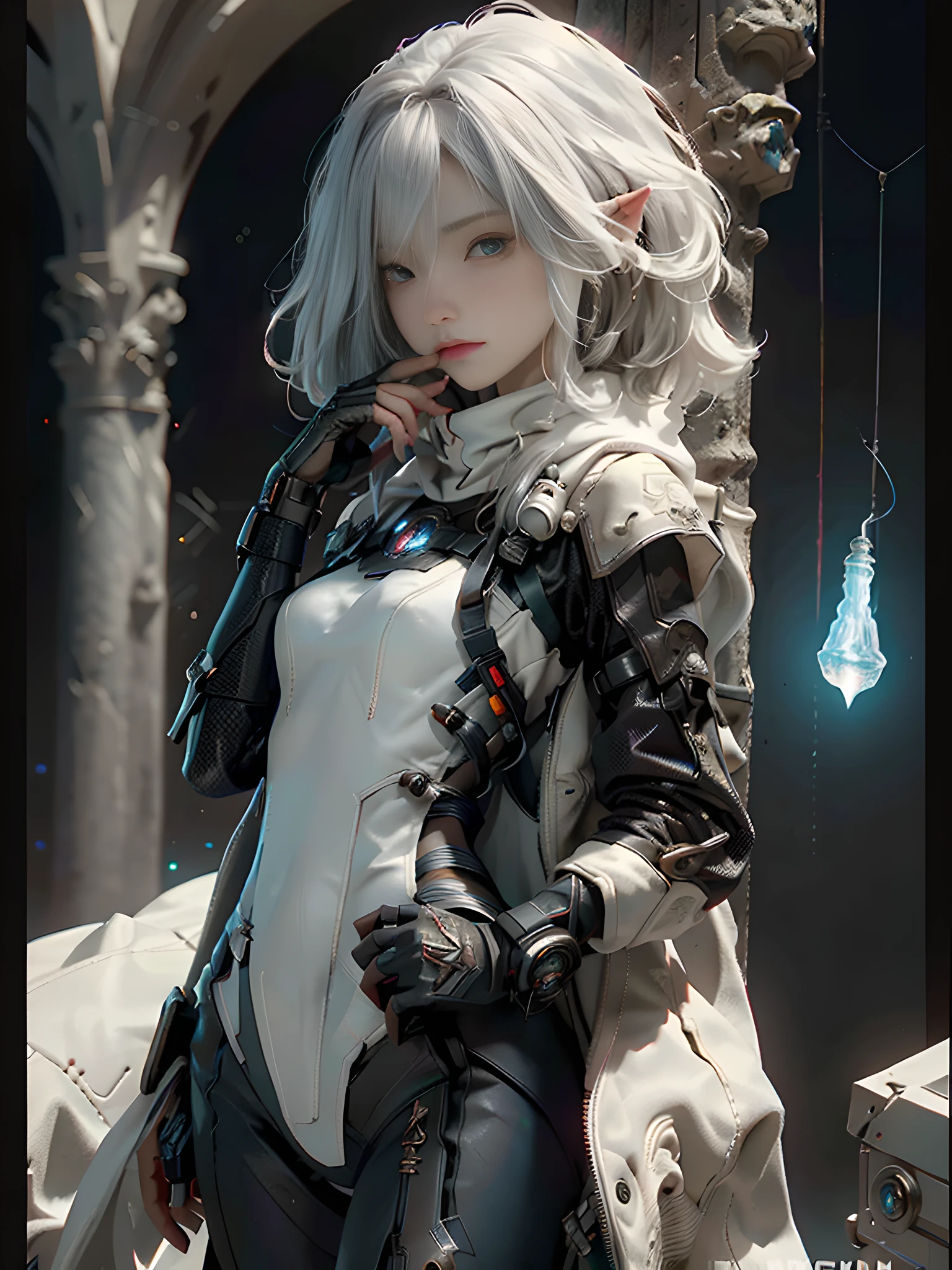 ((Best Quality)), ((Masterpiece)), (Details: 1.4), 3D, Bust, ((Facing Square)), (Body Facing the Viewer), (A Beautiful Petite and Slender Young Girl Image), ((Small Breast, Small Head)), ((Bust Photo)), (Upper Body), (slender perfect body: 1.2), (perfect face), (young face), (perfect eyes), (perfect hands), (perfect fingers), (neck-length short hair: 1.5), (simple tight one-piece combat suit: 1.3), golden hair, collar, (gloves: 1.2), (guns), chains, in the distant future, the boundary between science fiction and fantasy has disappeared, and the world is an awesome tapestry of wonder. Enter a universe where magic and technology coexist in harmony and shape the fate of civilization in the vast expanse of space. At the heart of this field is celestial relations, an interstellar center of mysterious energy and technological wonders. Here, arcane knowledge is intertwined with cutting-edge science, giving birth to a society where spaceships are filled with the power of ancient spells, while occult art enhances technology. As a young explorer, embark on a grand adventure destined to unlock the secrets of the celestial bond. As you travel through the uncharted realms of the universe, encounter various civilizations full of creatures with extraordinary abilities. From the ethereal spire of the elves, where the art of traveling across dimensions is perfected, to the cybernetic enclave of the Android Group, witness the tapestry of life where magic and technology intertwine. Unleash your latent power as you adapt to the energy flowing through the Nexus. Take advantage of the ancient spells of forgotten witchcraft to propel your starship through the vast universe. Engage in epic battles against Cosmic Abomination and Intergalactic Tyrants, wielding enchanted weapons infused with future enhancements. Uncover the origins of this harmonious blend of magic and technology as you delve into the mysterious realm of celestial relationships. Discover ancient prophecies that foreshadow catastrophic events that could upset this delicate balance. Unite with a group of extraordinary creatures, each with their own magical talents and technical expertise, and embark on a perilous quest to save Nexus from imminent destruction. In this epic saga, your choices will shape the fate of the world as the lines between science and witchcraft blur. Will you struggle to maintain a delicate balance between magic and technology, or will you plunge headlong into uncharted territory in search of redefining the structure of reality? Get ready to be captivated by the endless possibilities of Celestial Nexus, where science fiction and fantasy merge into a sublime symphony of adventures, where the universe itself becomes the canvas for your journey, (extremely detailed CG 8k wallpapers), (extremely delicate and beautiful), (masterpiece), (best quality: 1.0), (ultra resolution: 1.0), beautiful lighting, realistic shadows, [high resolution], detailed skins, ultra detail, HDR (high dynamic range), ray tracing, NVIDIA RTX, Super-Resolution, Unreal 5, Subsurface Scattering, PBR Textures, Post-processing, Anisotropic Filtering, Depth of Field, Maximum Sharpness and Sharpness, Multi-layer Textures, Albedo and Highlight Mapping, Surface Shading, Accurate Simulation of Light-Material Interactions, Perfect Proportions, Octane Render, Bicolor Light, Large Aperture, Low ISO, White Balance, Rule of Thirds, 8K RAW,