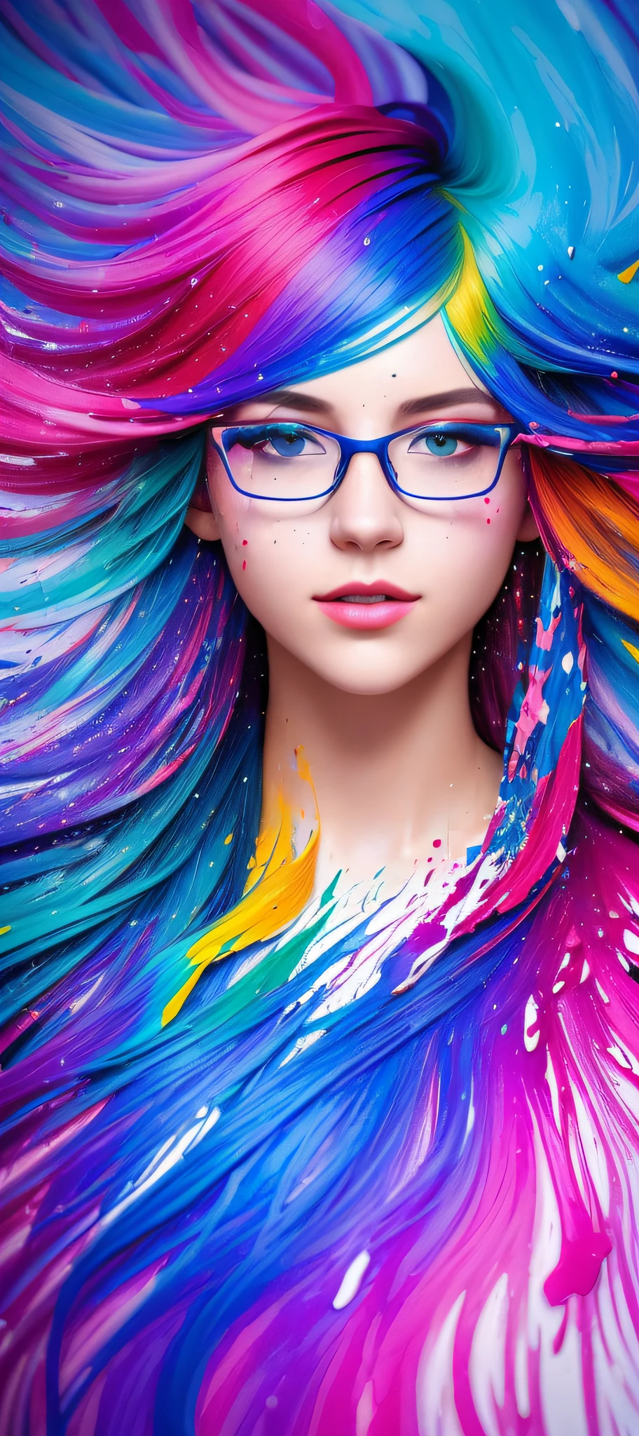 (level difference:1.8),(Paint colliding and splashing on the canvas),(depth of field),1girl with glasses, ahort hair, side face blends into it,(side face),open mouth,(liquid paint rainbow hair:1.1) made of paint and defies gravity,thick flowing,(paint splatter:1.3),Liquid state,stunningly beautiful, masterpiece, detailed background,ultra high quality model, ethereal background,abstract beauty, explosive volumetric, oil painting,heavy strokes,Romantic lighting,Sub-Surface Scatterring,lens 135mm,f1.8,glow,8k,high resolution, dreamy,ray tracing,hdr,god rays,