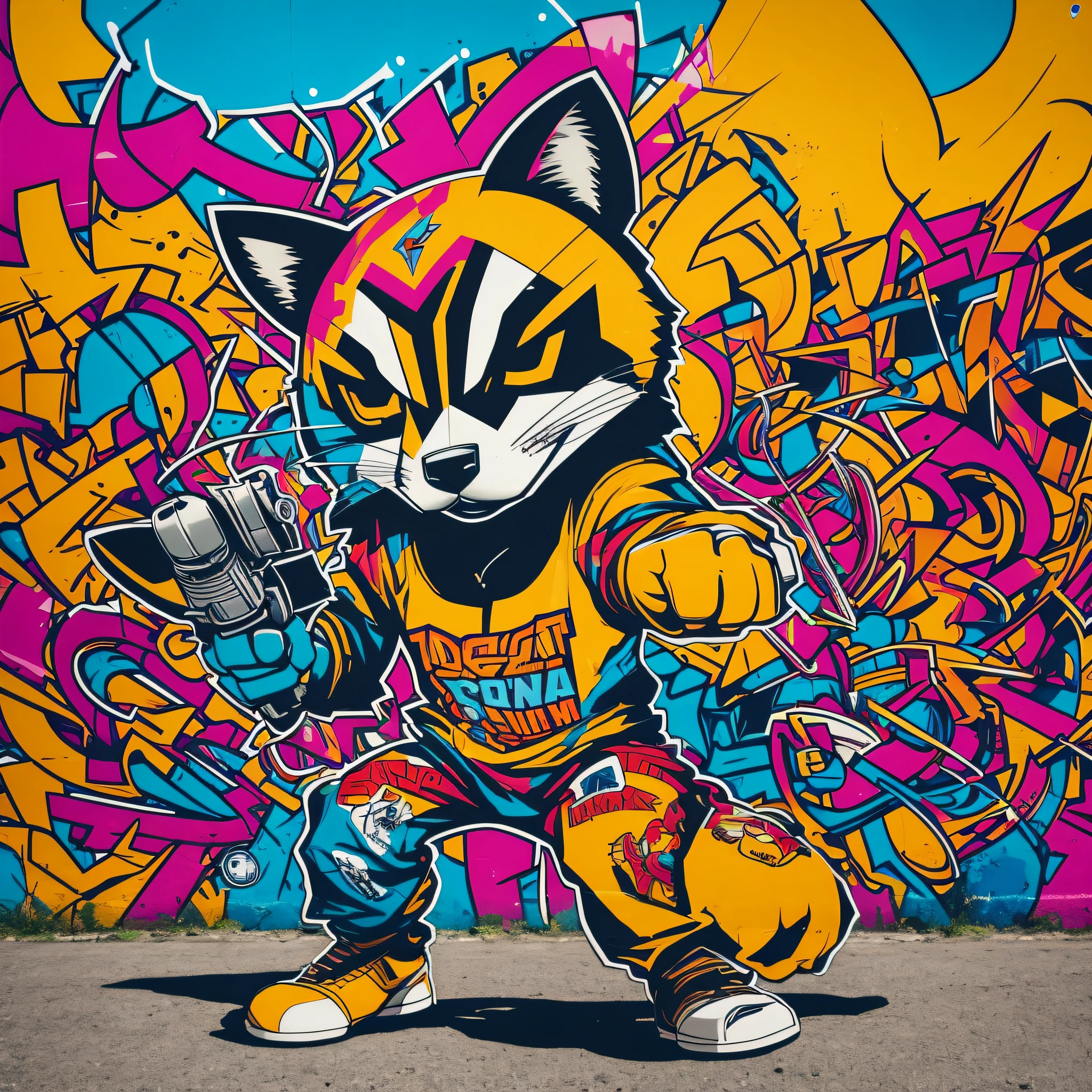Centered T-shirt art, isometric, vector ready to print Highly detailed color illustration of the Rocket raccoon character with hip-hop look, making West Coast gang sign, with a paint roller on the back, and a gun that drops paint made with spray cans on the back, full body, vibrant contrast colors, detailed hight, full body, general plan, graffiti style, 8k, no letters --auto --s2