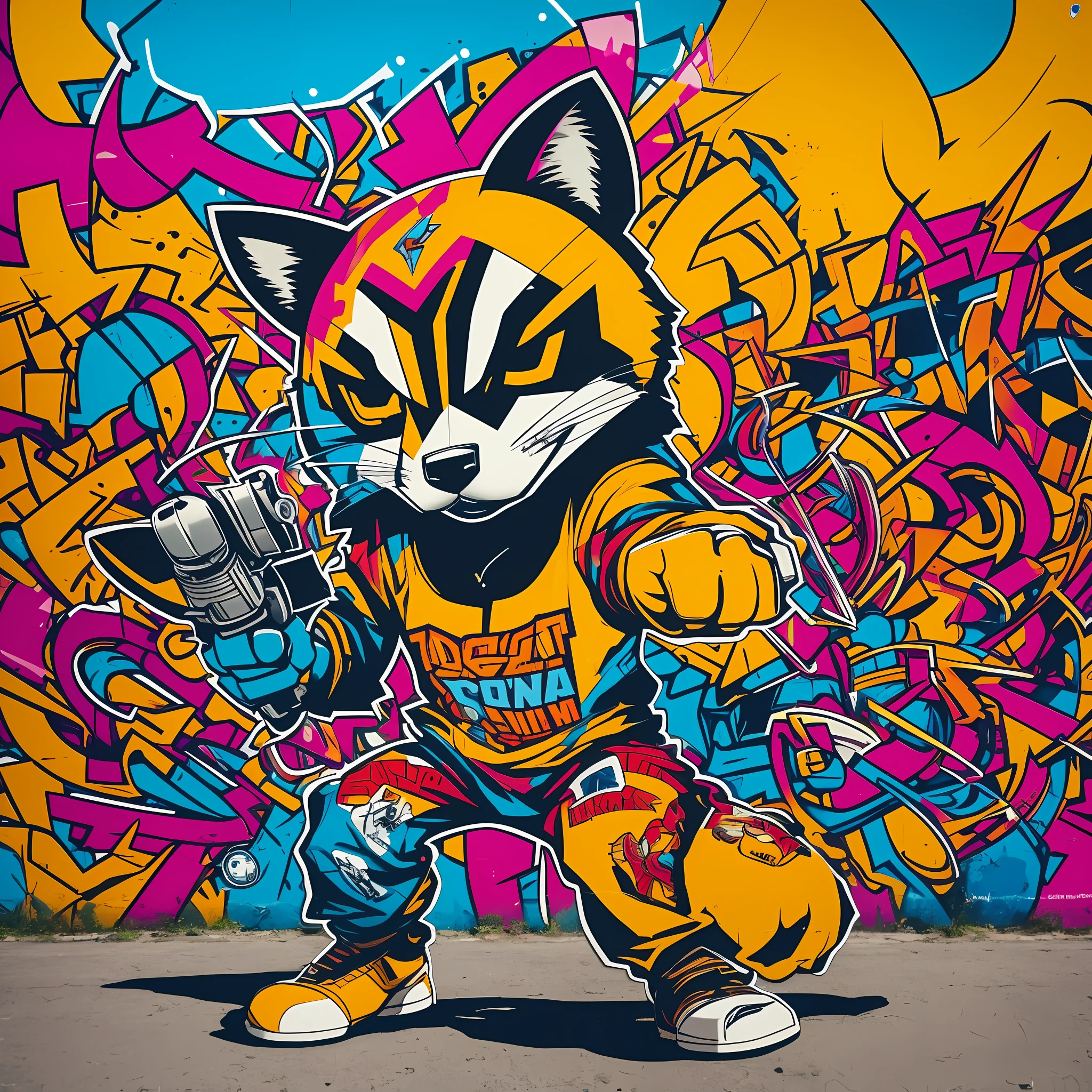 Centered T-shirt art, isometric, vector ready to print Highly detailed color illustration of the Rocket raccoon character with hip-hop look, making West Coast gang sign, with a paint roller on the back, and a gun that drops paint made with spray cans on the back, full body, vibrant contrast colors, detailed hight, full body, general plan, graffiti style, 8k, no letters --auto --s2