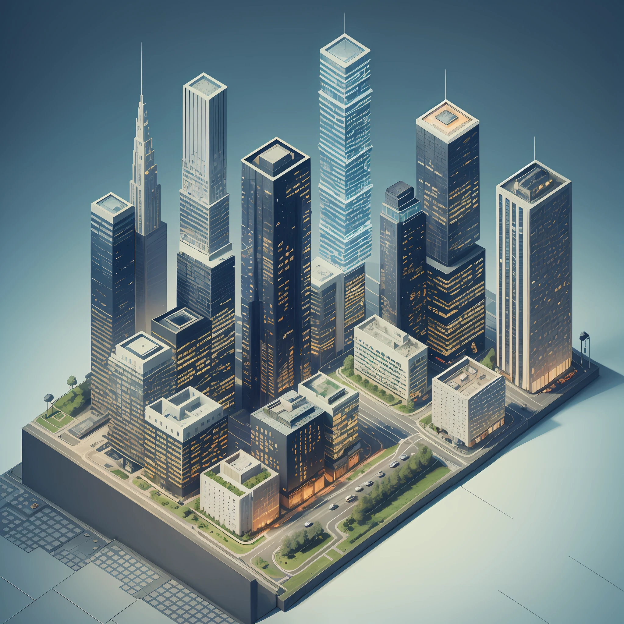 Isometric houses, (45-degree perspective from top to bottom), urban high-rises, financial cities, industrial fashion, cars on the road, night view, clear structure, frontal light and shadow, mechanical wind, --auto --s2