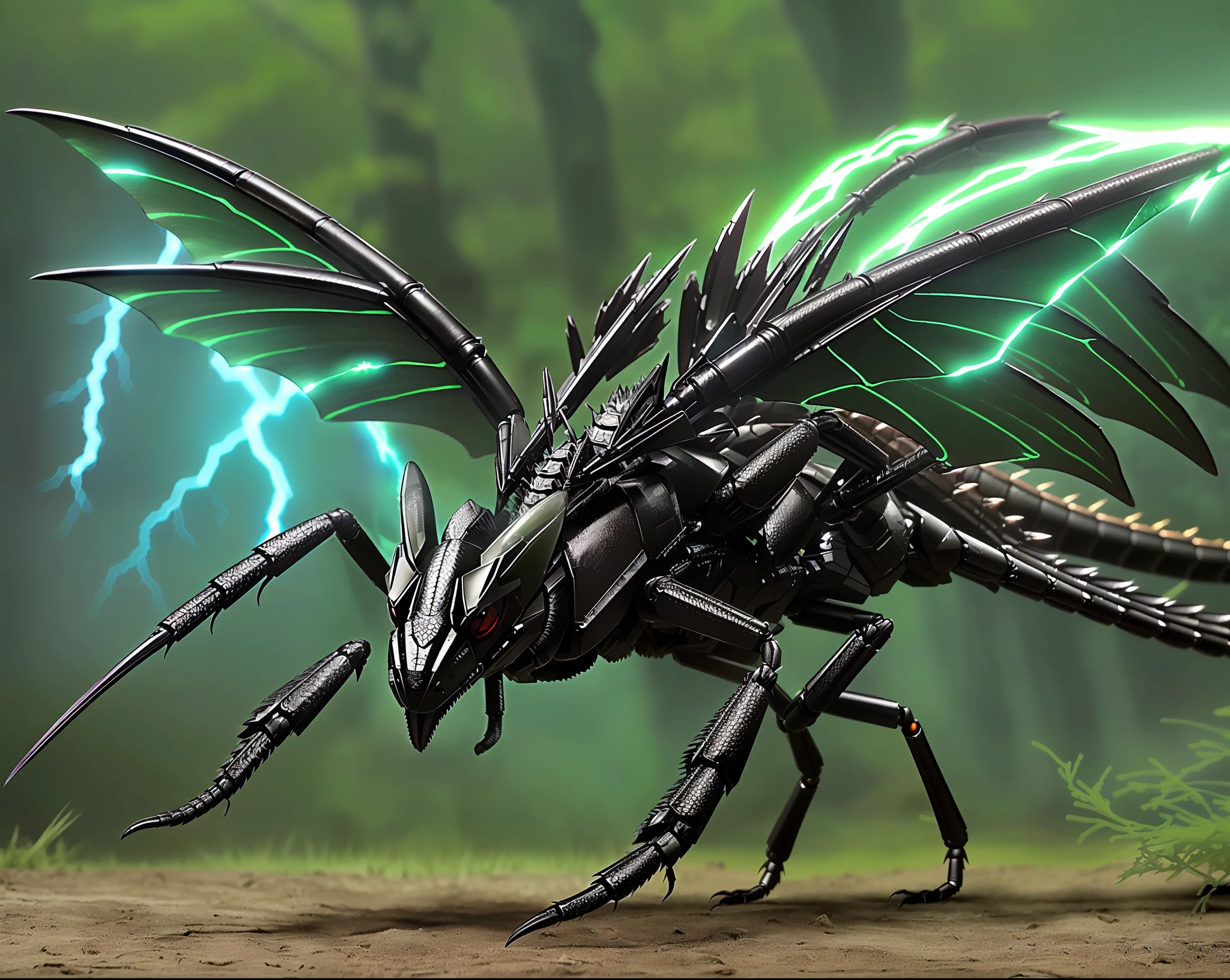 Synthetic Monster Insect (Dragon's Head) ((Strong six-legged with exoskeleton, sharp scales, large sickle, three-pronged tail, six-legged walking)) (Spread out insect wings) Forest (((Lightning effect)))