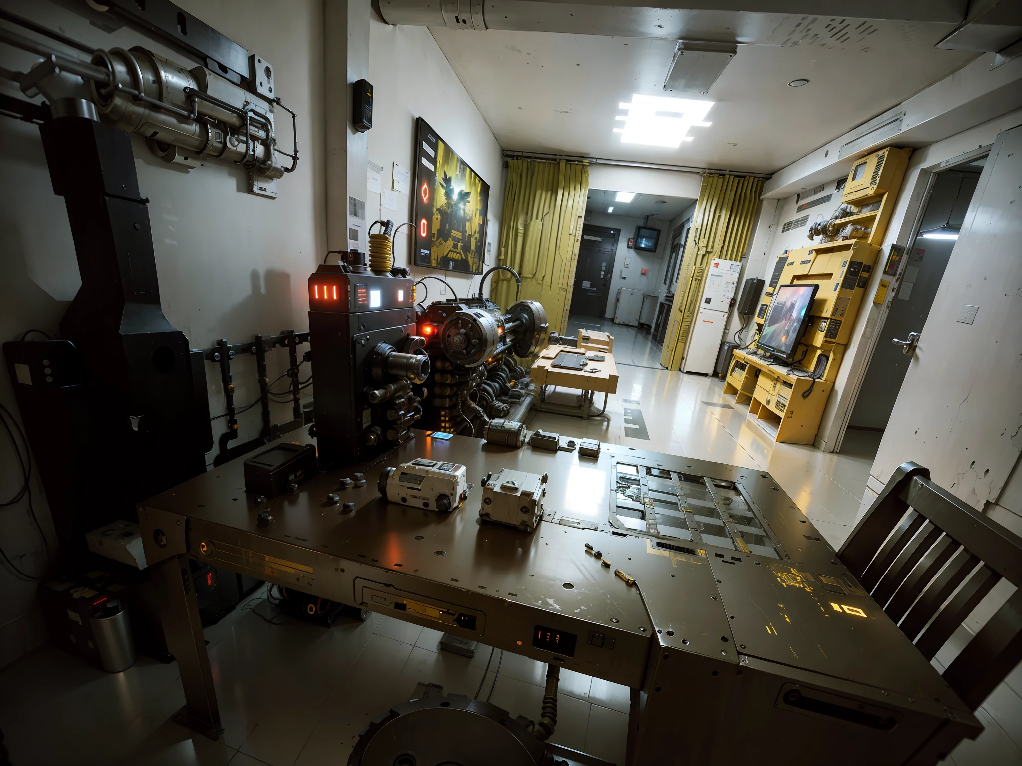 A sci-fi heavy metal room, metal, prominent parts, complex machine structure and parts, vertical and horizontal pipes, metal texture, battle damage, sense of technology, strong contrast lighting, sense of technology, metal floor, background paste, HD, Transformers style, 8K, realism, dark yellow light