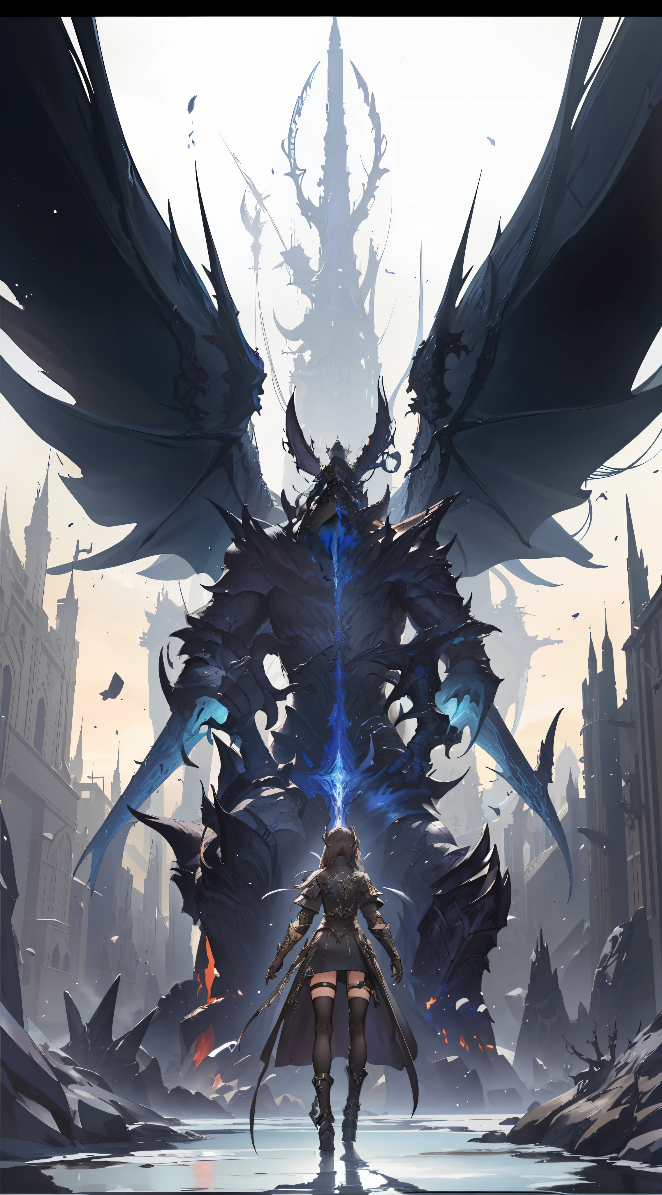 a close up of a person standing in front of a giant monster, ffxiv heavensward, from arknights, anime epic artwork, arknights, epic anime fantasy, 2. 5 d cgi anime fantasy artwork, anime fantasy artwork, top 25 fantasy anime series, final fantasy xiv: endwalker, beautiful fantasy anime, epic light novel art cover, final fantasy artwork concept