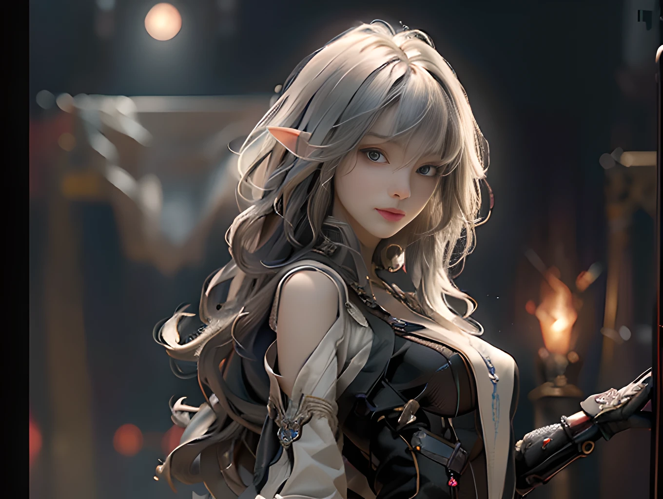 ((Best Quality)), ((Masterpiece)), (Details: 1.4), 3D, Bust, ((Facing Square)), (Body Facing the Viewer), (A Beautiful Petite and Slender Female Figure), ((Small Breast, Small Head)), ((Bust Photo)), (Upper Body), (Slender Perfect Figure: 1.2), (Perfect Face), (Soft Face), (Perfect Eyes), (Perfect Hands), (Perfect Fingers), (Short Neck Hair: 1.5), (Simple Tight One-Piece Combat Suit: 1.3), Golden Hair, Collar, (Gloves: 1.2), (Guns), Chains, In the distant future, the line between science fiction and fantasy has disappeared, and the world is an awesome tapestry of wonder. Enter a universe where magic and technology coexist in harmony and shape the fate of civilization in the vast expanse of space. At the heart of this field is celestial relations, an interstellar center of mysterious energy and technological wonders. Here, arcane knowledge is intertwined with cutting-edge science, giving birth to a society where spaceships are filled with the power of ancient spells, while occult art enhances technology. As a young explorer, embark on a grand adventure destined to unlock the secrets of the celestial bond. As you travel through the uncharted realms of the universe, encounter various civilizations full of creatures with extraordinary abilities. From the ethereal spire of the elves, where the art of traveling across dimensions is perfected, to the cybernetic enclave of the Android Group, witness the tapestry of life where magic and technology intertwine. Unleash your latent power as you adapt to the energy flowing through the Nexus. Take advantage of the ancient spells of forgotten witchcraft to propel your starship through the vast universe. Engage in epic battles against Cosmic Abomination and Intergalactic Tyrants, wielding enchanted weapons infused with future enhancements. Uncover the origins of this harmonious blend of magic and technology as you delve into the mysterious realm of celestial relationships. Discover ancient prophecies that foreshadow catastrophic events that could upset this delicate balance. Unite with a group of extraordinary creatures, each with their own magical talents and technical expertise, and embark on a perilous quest to save Nexus from imminent destruction. In this epic saga, your choices will shape the fate of the world as the lines between science and witchcraft blur. Will you struggle to maintain a delicate balance between magic and technology, or will you plunge headlong into uncharted territory in search of redefining the structure of reality? Get ready to be captivated by the endless possibilities of Celestial Nexus, where science fiction and fantasy merge into a sublime symphony of adventures, where the universe itself becomes the canvas for your journey, (extremely detailed CG 8k wallpapers), (extremely delicate and beautiful), (masterpiece), (best quality: 1.0), (ultra resolution: 1.0), beautiful lighting, realistic shadows, [high resolution], detailed skins, ultra detail, HDR (high dynamic range), ray tracing, NVIDIA RTX, Super-Resolution, Unreal 5, Subsurface Scattering, PBR Textures, Post-processing, Anisotropic Filtering, Depth of Field, Maximum Sharpness and Sharpness, Multi-layer Textures, Albedo and Highlight Mapping, Surface Shading, Accurate Simulation of Light-Material Interactions, Perfect Proportions, Octane Render, Bicolor Light, Large Aperture, Low ISO, White Balance, Rule of Thirds, 8K RAW,