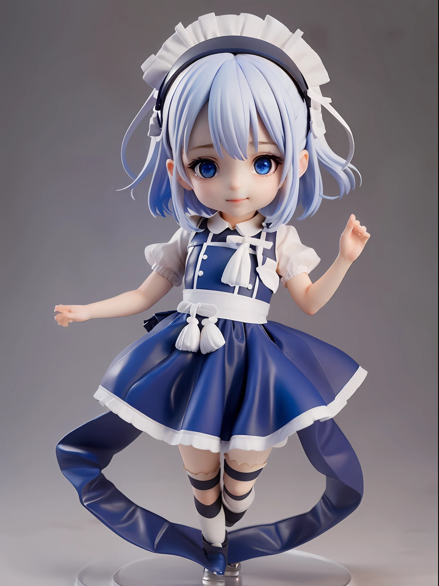 1girl,white hair,((bule hair tips)),black headphone,blue ribbon hairband,maid clothes(white blue),blue eye,hand up, short hair,hair between eyes BREAK full body, chibi, [realistic], [3d], (3dcg), ((octane render)), smile, closed mouth BREAK (8k, RAW photo, best quality, masterpiece:1.2), ultra high res, (((realistic, photo-realistic))), professional lighting, detailed lighting, professional photography, fisheye, dynamic angle, high quality, high res, extremely detailed, bloom BREAK depth of field, sketch, sharp focus, soft lighting, good composition, god light highlight, detailed, (((photorealistic details))), detailed skin, to8contrast style