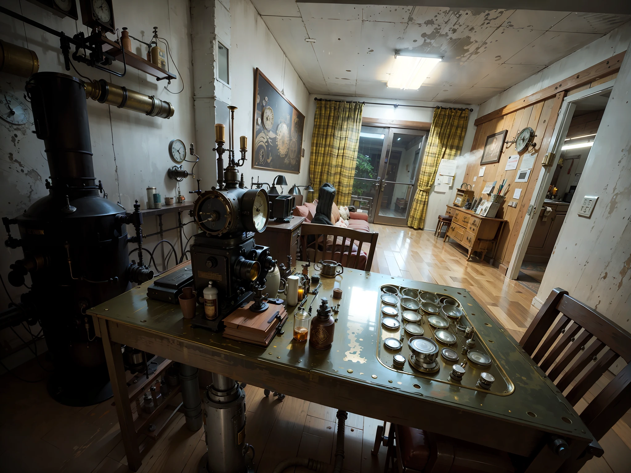 A steampunk-style room with vintage mechanical texture, exhaust holes, smoke, spraying, vintage metal, metal walls, intricate twisted pipes and valves, intricate pipes on the roof, HD, 8K, realism, dark yellow light