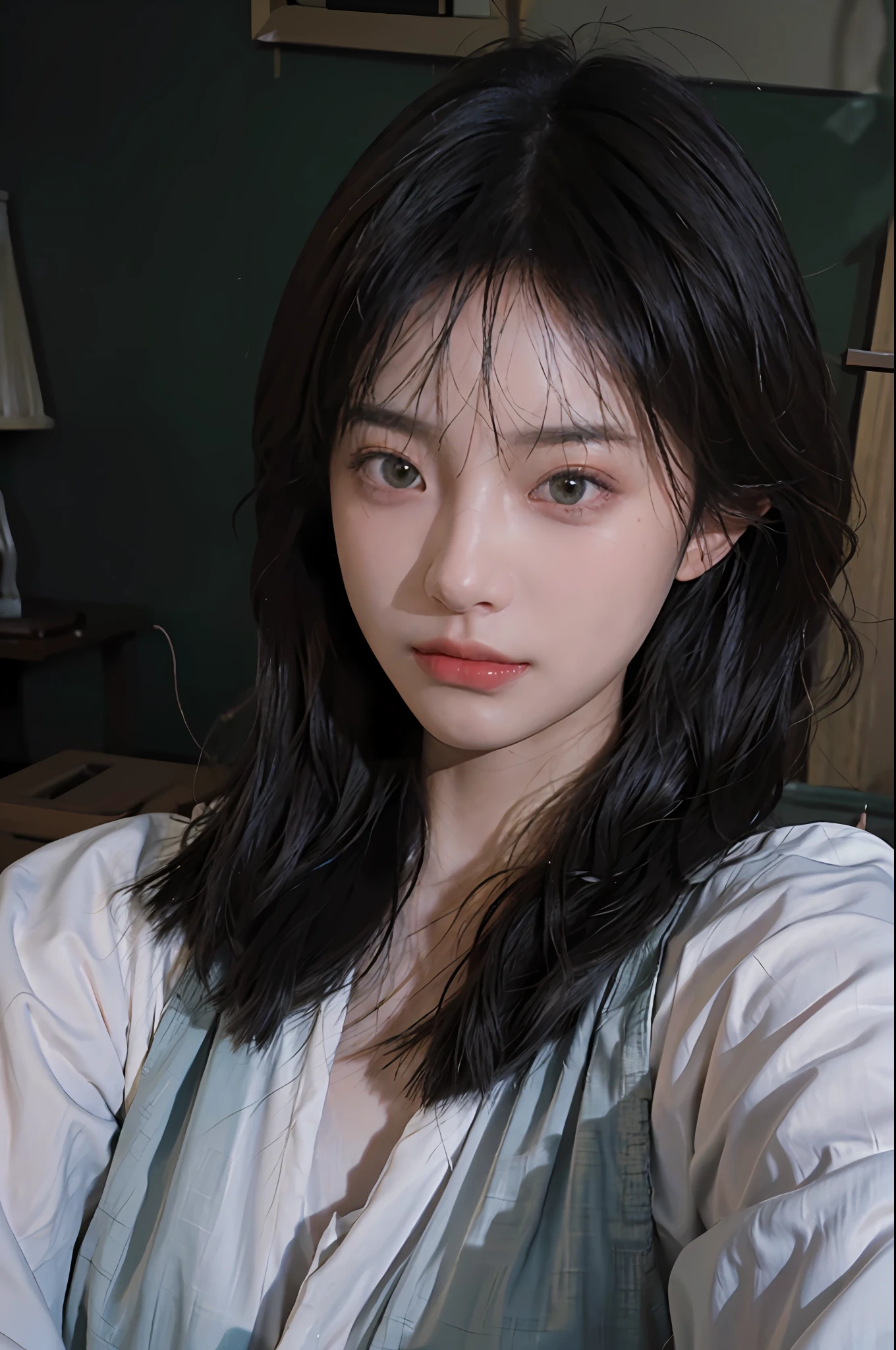 8K, Best Quality, Masterpiece, Ultra High Resolution, (Realism: 1.4), Original Photo, (Real Skin Texture: 1.3), (Film Grain: 1.3), (Selfie Angle), 1 Girl, Beautiful Emerald Eyes and Face Details, Masterpiece, Best Quality, Close Up, Upper Body, Looking at the Viewer