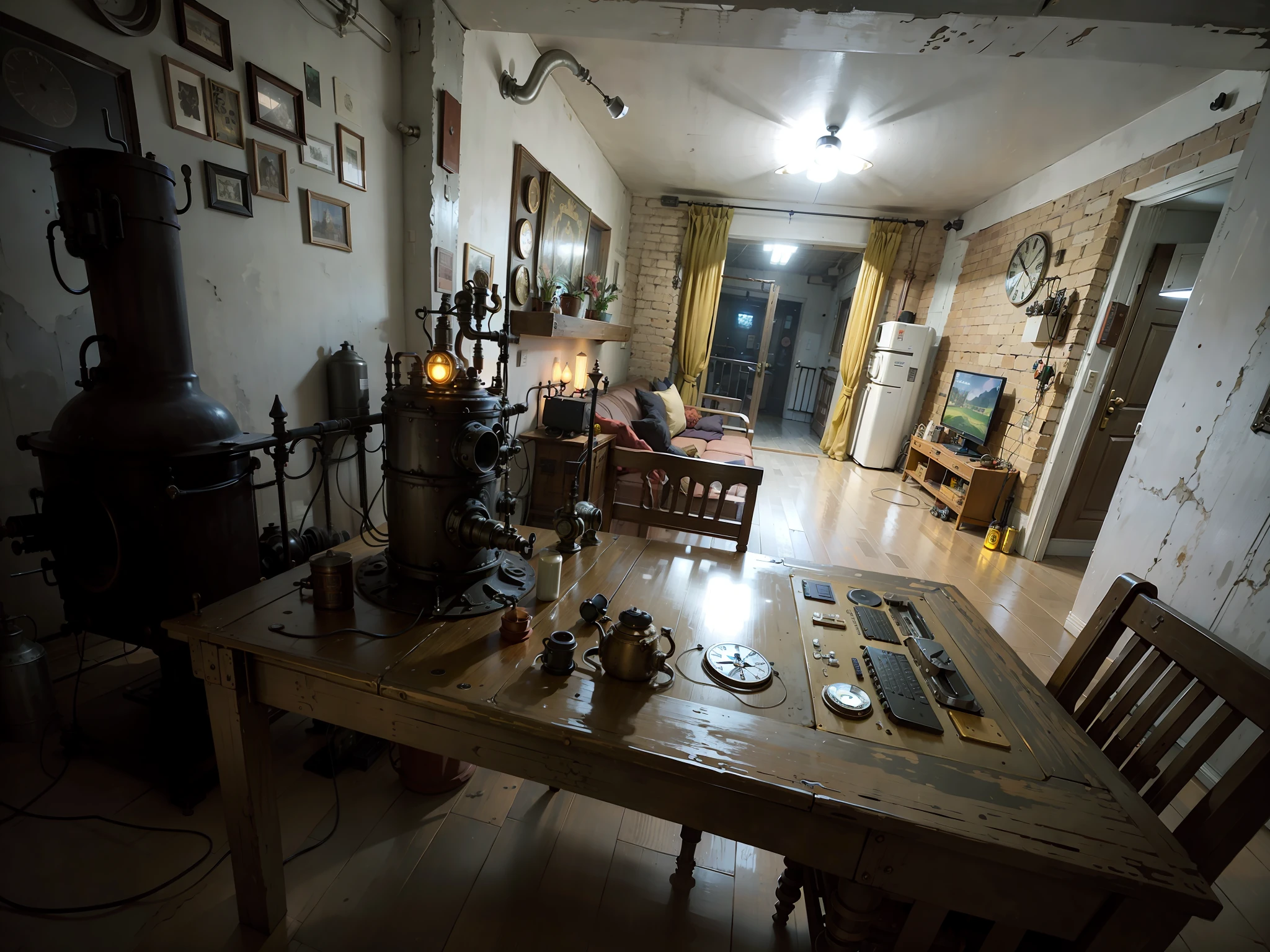 A steampunk-style room with vintage mechanical texture, exhaust holes, smoke, spraying, vintage metal, metal walls, intricate twisted pipes and valves, intricate pipes on the roof, HD, 8K, realism, dark yellow light