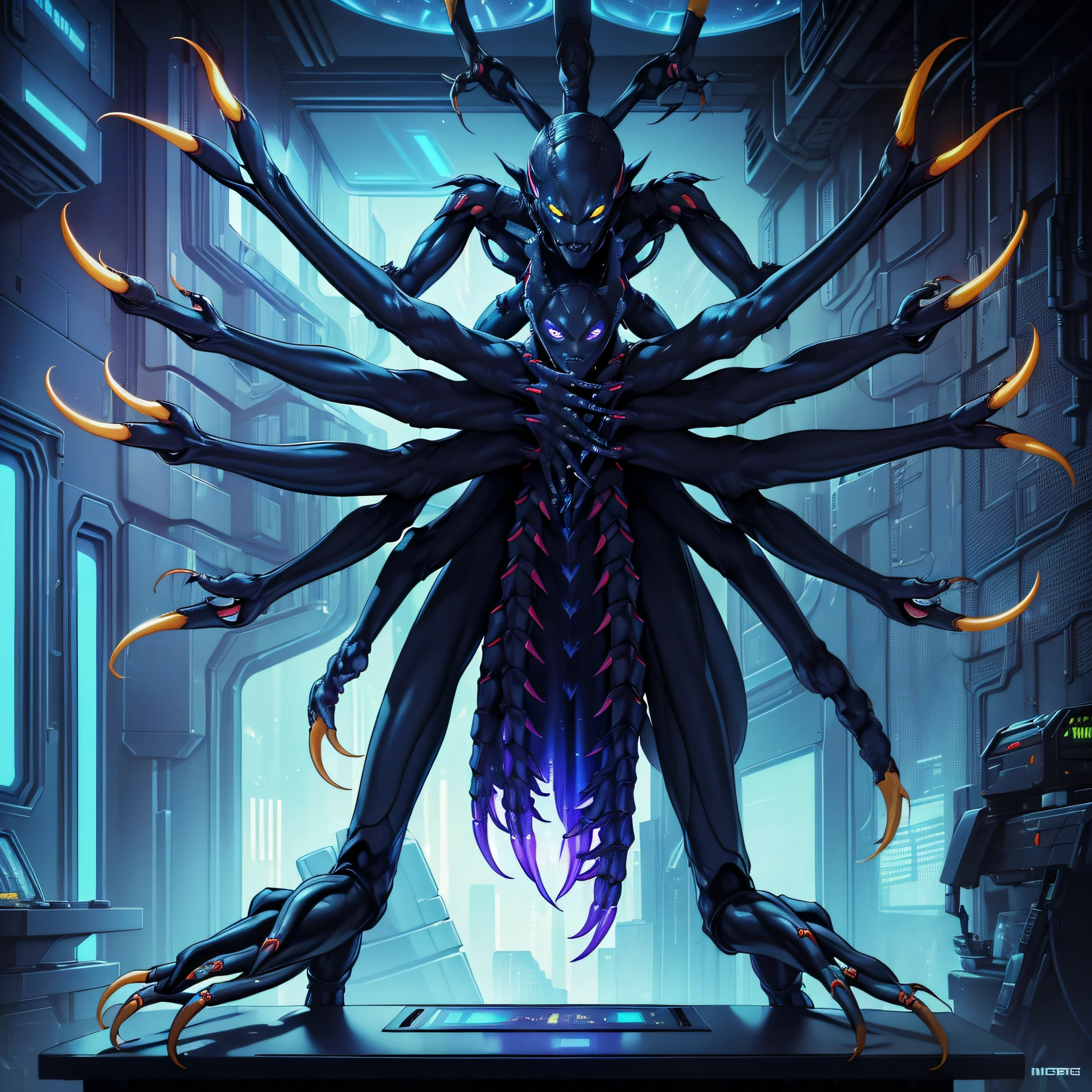 "(humanoid alien creature:1) (1man), dark theme :: feral face, insect face, alien star sector armor, (((extremely thin)) (((((many arms, four arms with claws at fingertips)))))), :: ultra realistic futuristic alien, yellow eyes, (((blue skin)))), (((cyberpunk lab interior with lots of holograms, scifi high tech)) :: natural lighting :: bokeh :: 8k :: best quality :: masterpiece :: insanely detailed:1.5"