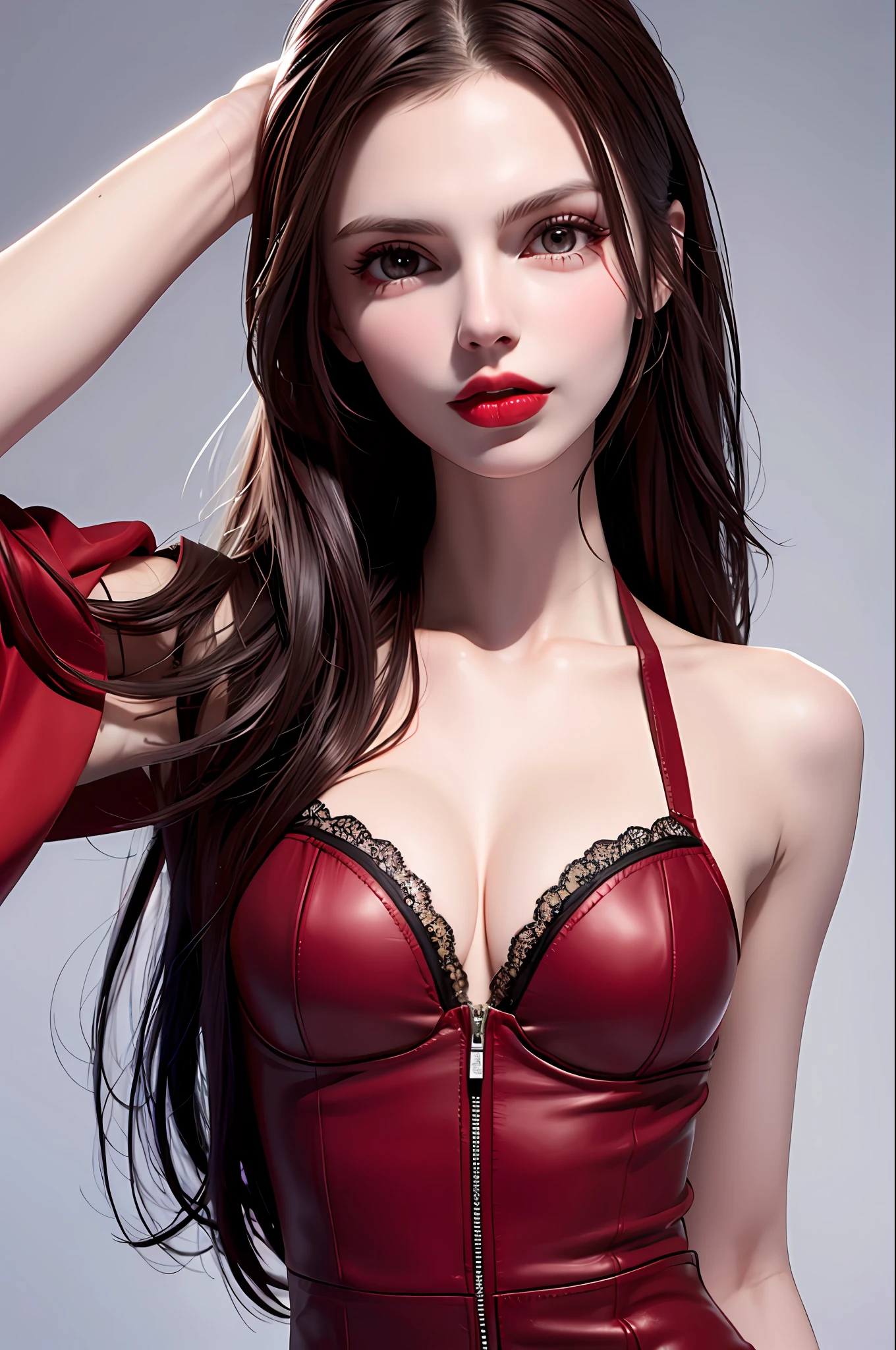 andreja pejic, brown hair, red lipstick