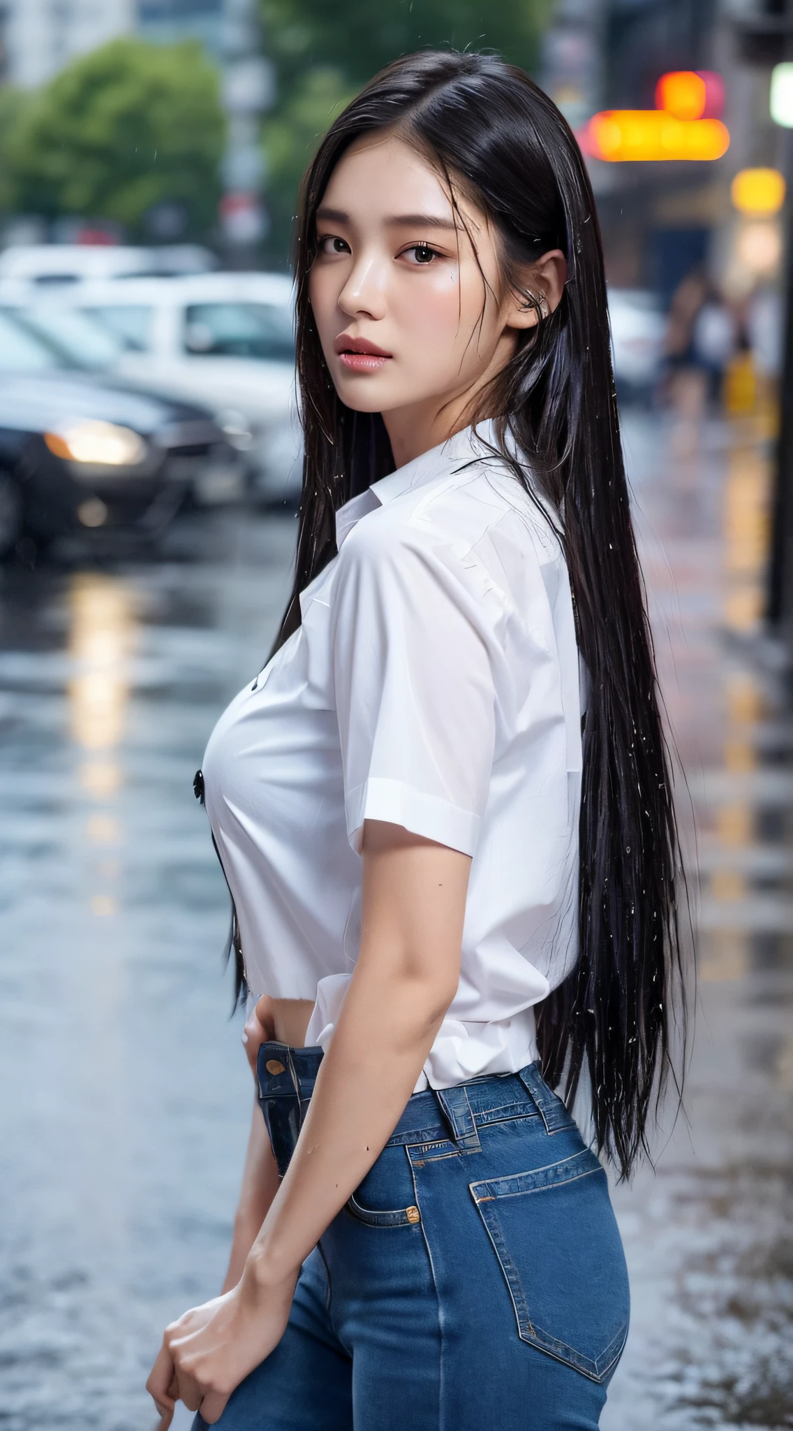 ((Best quality, 8k, Masterpiece: 1.3)), Sharp focus: 1.2, a beautiful woman with perfect body: 1.4, Slim abdomen: 1.2, (long hair, black hair), (gigantic breasts: 1.6), (Thin and damp button up to shirt length, pink bra: 1.2), (White shirt wet by rain), (Rain, Street, night: 1.2), (Wet body, wet clothes: 1.1), Highly detailed face and skin texture, Detailed eyes, Double eyelid, sexy, wet hair, ripped skinny jeans, rainy sky, thin waist, cowboy shot, (from side)