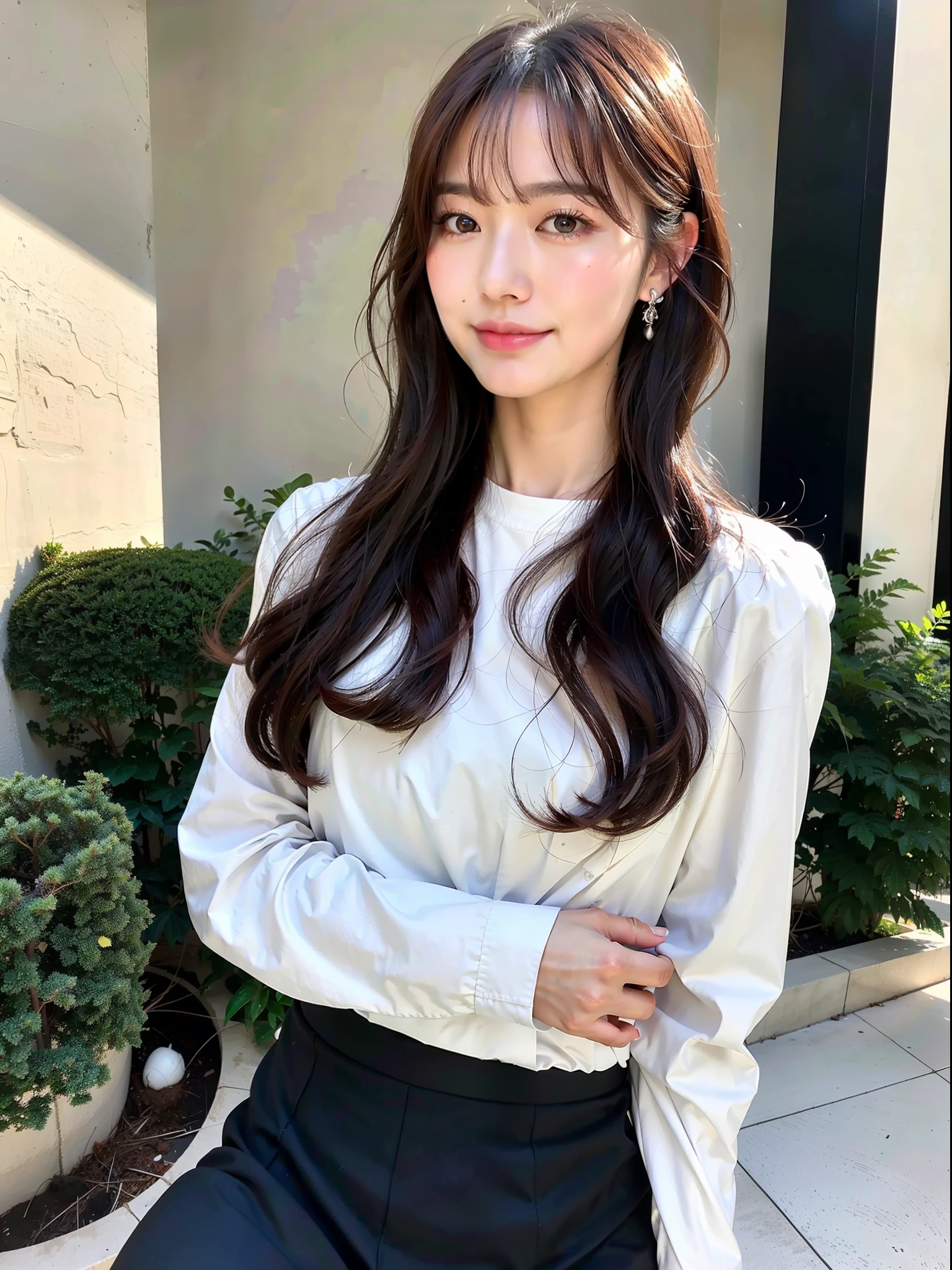 Lifelike photos of (No. 1 cute Korean actress) Long hair, smooth face, light makeup, medium breasts. Wearing a white long sleeve shirt, and black skirt, Little Smile, Canon EOS 35mm Lens 8K high-resolution face, crisp and realistic details Close up