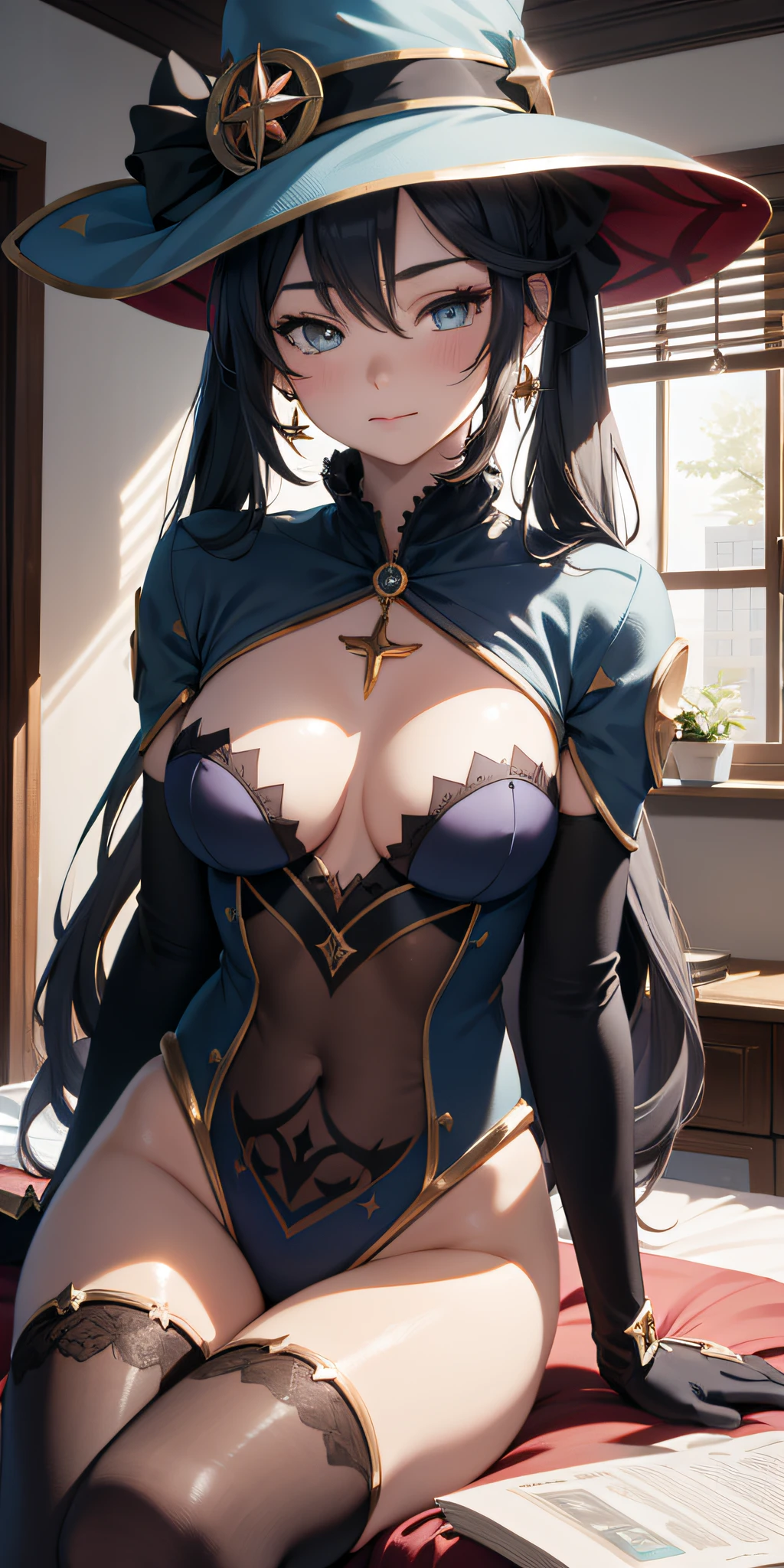 artstudt, (official art, extremely detailed CG unity 8k wallpaper),(1girl:1.3),beautifully detailed eyes, (8k), (best quality), ( masterpiece:1.2), (realistic), ( photorealistic:1.37), extremely detailed beautiful, 1girl, shiny skin, wizard hat, bodysuit, gloves, stockings, monadef, mona, genshin impact , medium breast, dark purple hair, book, magic: sitting on the bed, bedroom, semi-closed eyes, (sleepy)