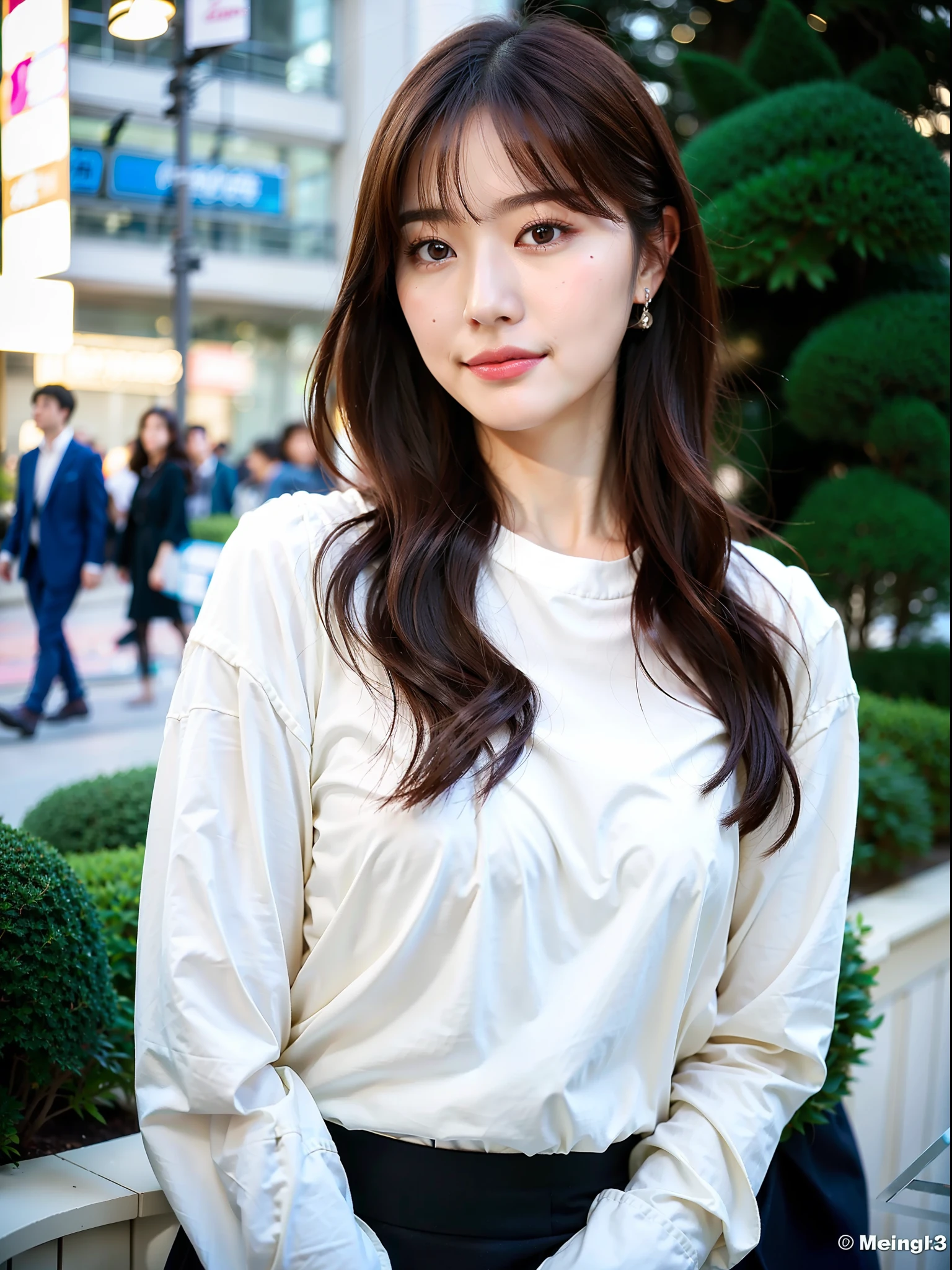 Lifelike photos of (No. 1 cute Korean actress) Long hair, smooth face, light makeup, medium breasts. Wearing a white long sleeve shirt, and black skirt, Little Smile, Canon EOS 35mm Lens 8K high-resolution face, crisp and realistic details Close up