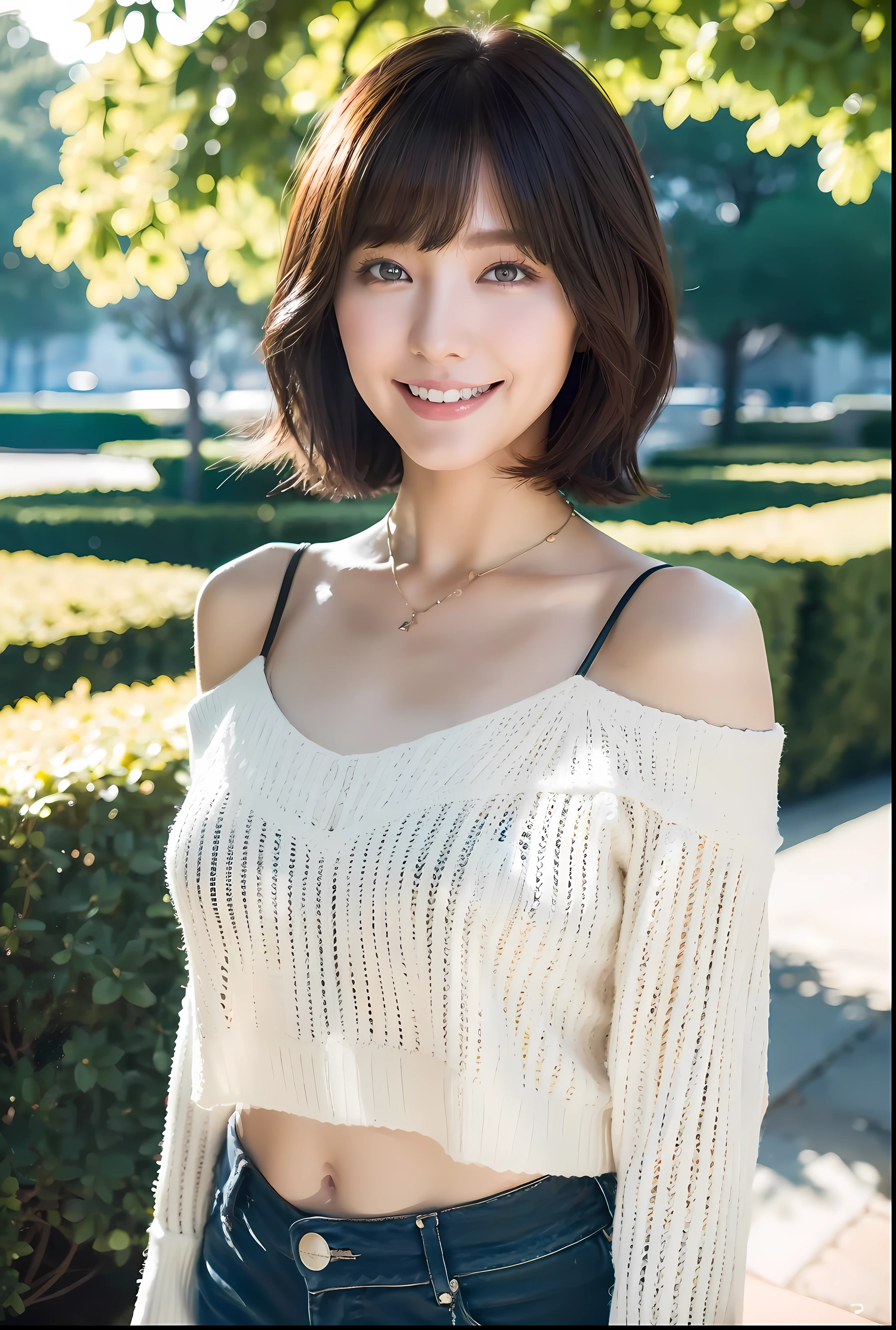 ((Best Quality, 8k, Sharp Focus, 35mm Lens, Masterpiece: 1.2, Natural Light, Ultimate Girl, Highly Detailed Facial Textures)), (Shoulder Knit Sweater), (hot pants), (Park: 1.2 ), medium breast, necklace, highly detailed facial textures, inverted triangle face, detailed beauty makeup:1.2, ultra-detailed skin, navel, detailed bangs, (detailed eyes:1.2), Grinning, medium short hair, looking at viewer,