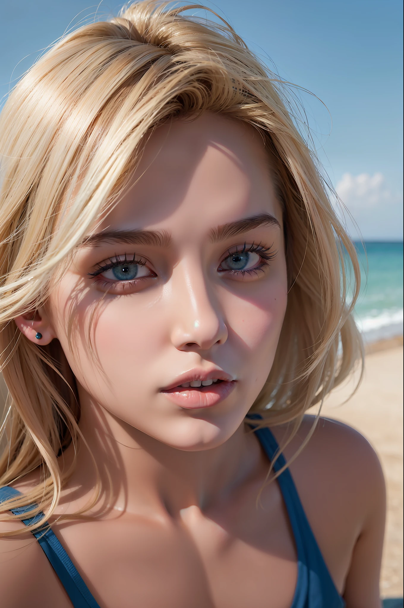 18 year old, eastern European, blonde girl, detailed facial features. erotic, big, blue top, crop bare, shorts