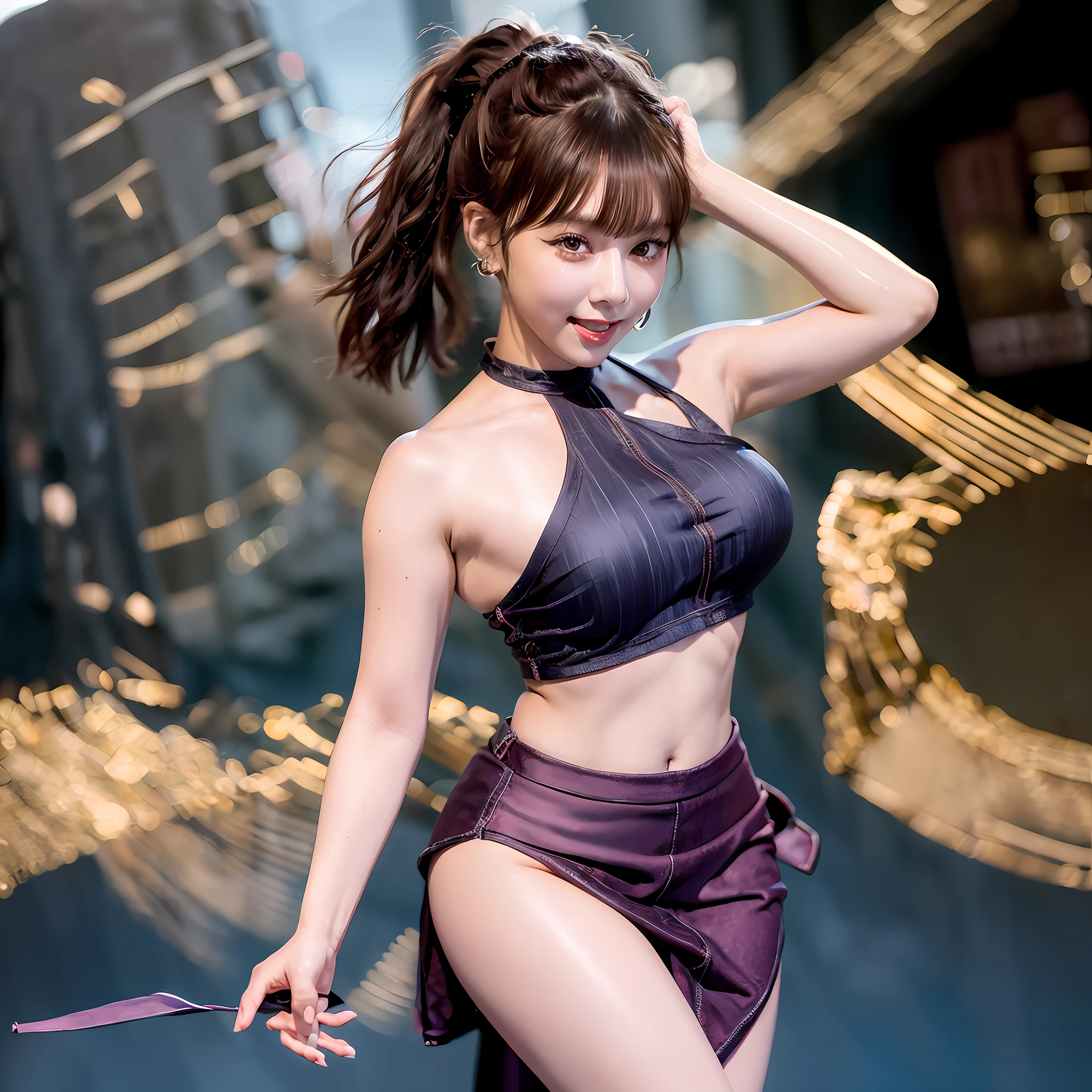 masterpiece, best quality, high res, (photorealistic:1.0), earrings, (depth of field:1.2), beautiful Korean girl, thigh gap, 1 girl, glow skin, long hair on her shoulder, ponytail, (solo:1.1), red, (slit skirt curtain:1.2),(halter neck t-shirt), shinobi, ninja, bare shoulder, elbow gloves,  (looking at viewer:1.2), (smile:1.2), (full body), ((wide view)),(in the city), massive breasts, face details, big eyes with brown color eyeliner, eyes detail, thick ass,