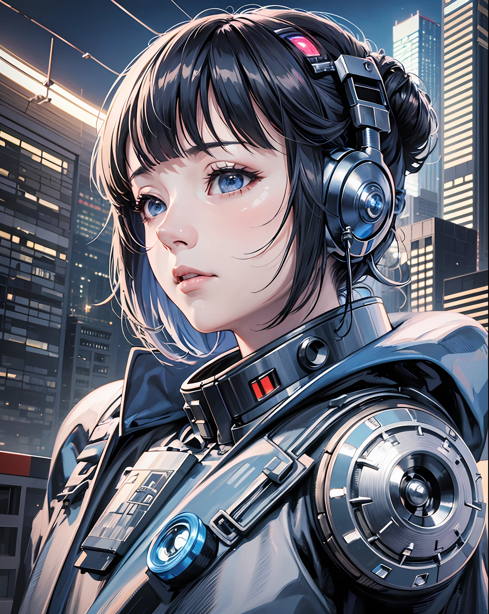 a woman with a robot head and many wires on her head, cyborg - girl, by Kanō Naizen, hajime sorayama designed girl, anime robotic mixed with organic, portrait of a mechanical girl, art of katsuhiro otomo, cyborg girl, artist katsuhiro otomo, by Masamune Shirow, mechanical Cyborg, Science Fiction, Cities, Rendered in Octane, hyper realistic, 8k, epic composition, cinematic, octane render, artstation landscape vista photography,Hiroshi Yoshida,moody lighting rendered by octane engine,characters 8K symmetrical arstation, cape,cinematic lighting, intricate details, 8k detail post processing, hyperealistic,ar 2:3 Reality Reality --auto --v6 --s2