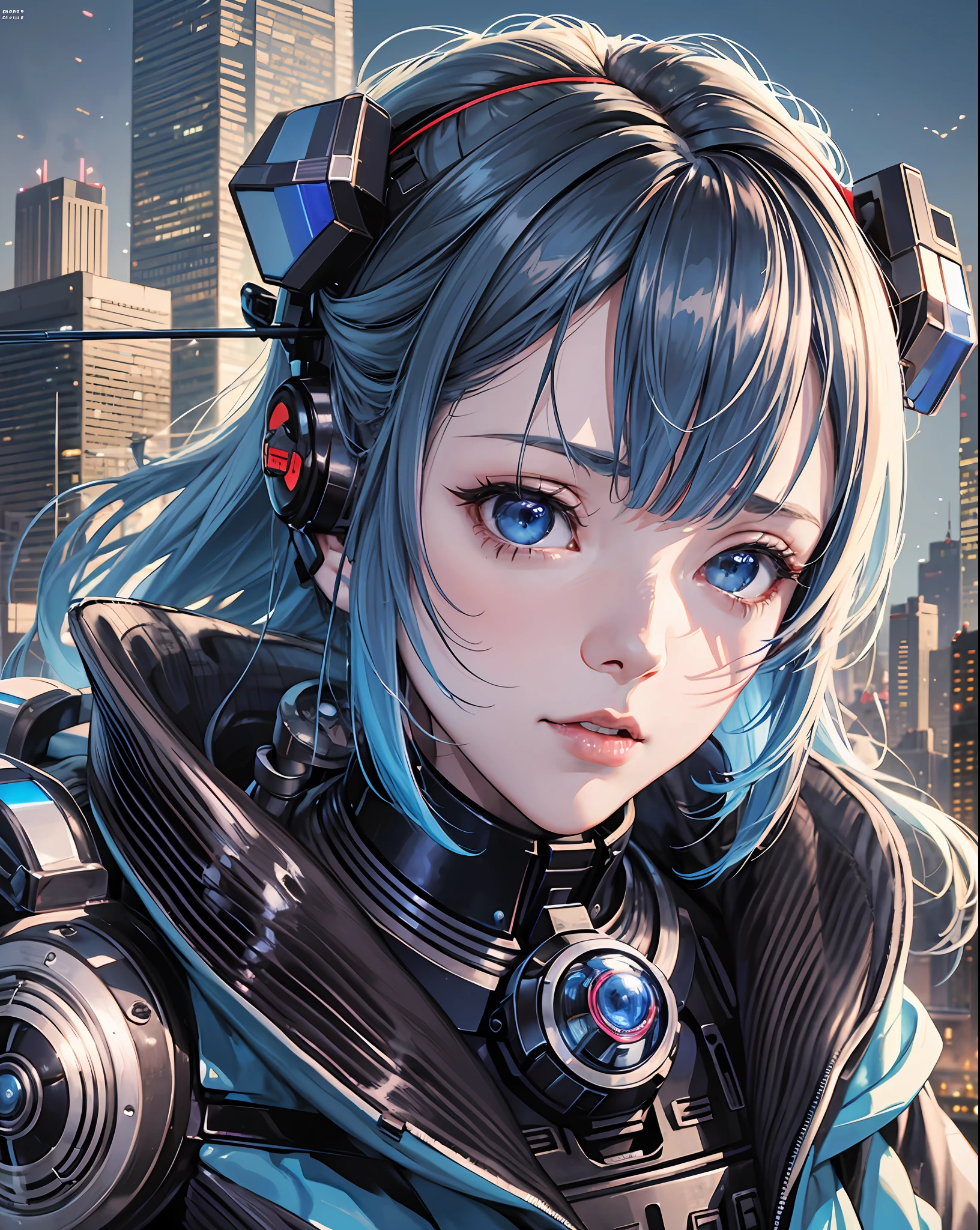 a woman with a robot head and many wires on her head, cyborg - girl, by Kanō Naizen, hajime sorayama designed girl, anime robotic mixed with organic, portrait of a mechanical girl, art of katsuhiro otomo, cyborg girl, artist katsuhiro otomo, by Masamune Shirow, mechanical Cyborg, Science Fiction, Cities, Rendered in Octane, hyper realistic, 8k, epic composition, cinematic, octane render, artstation landscape vista photography,Hiroshi Yoshida,moody lighting rendered by octane engine,characters 8K symmetrical arstation, cape,cinematic lighting, intricate details, 8k detail post processing, hyperealistic,ar 2:3 Reality Reality --auto --v6 --s2