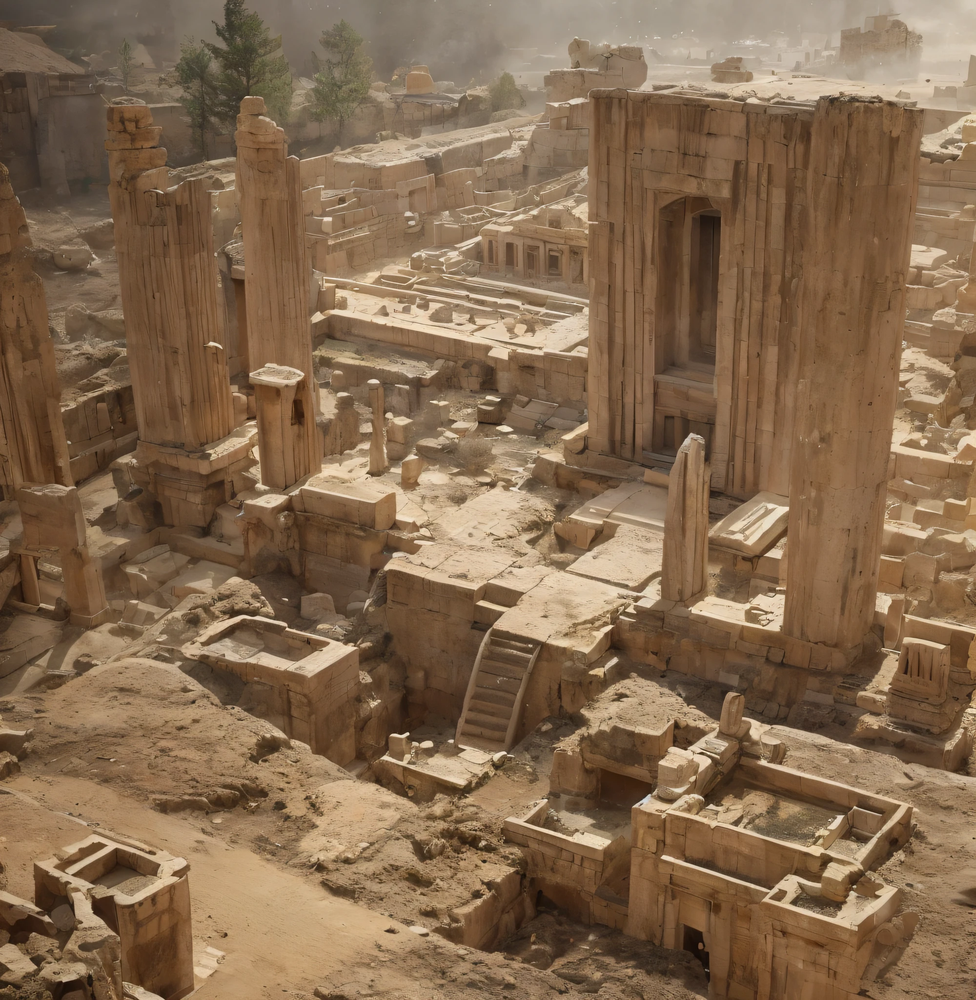Baalbek complex of buildings, Islam, Buddhism, another dimension, other worlds, extraterrestrial giant beings perform a ritual, fire all around, celestial singularity, energy fields, gloomy image, horror