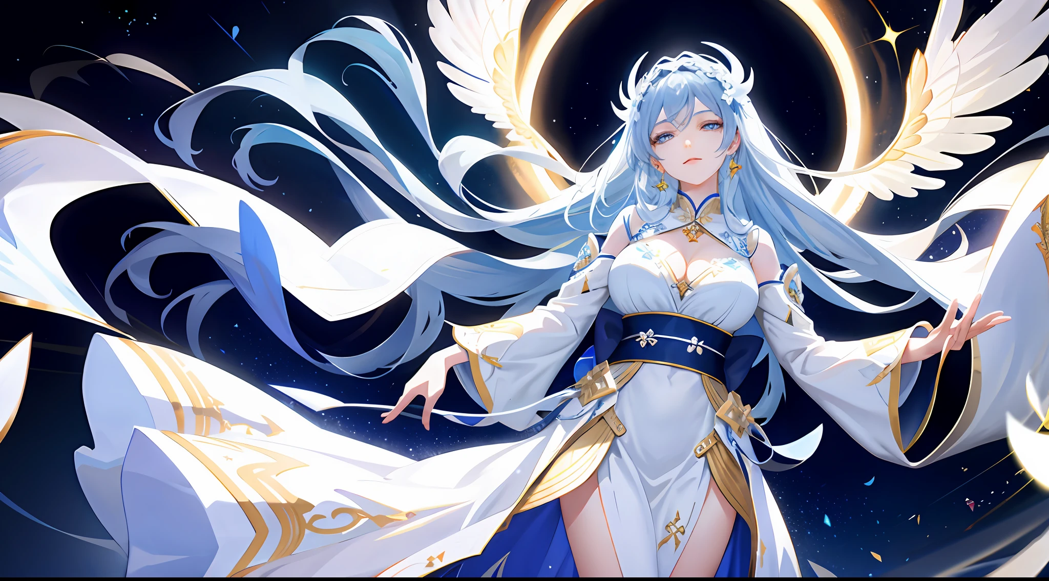 a goddess, detailed white [dress|hanfu], blue starry pattern, exquisite, complex, starry sky, (open mouth:0.6), expressionless, hair ornament, divine, godlike [half-closed eyes:0.4], big breasts, cowboy shot,
