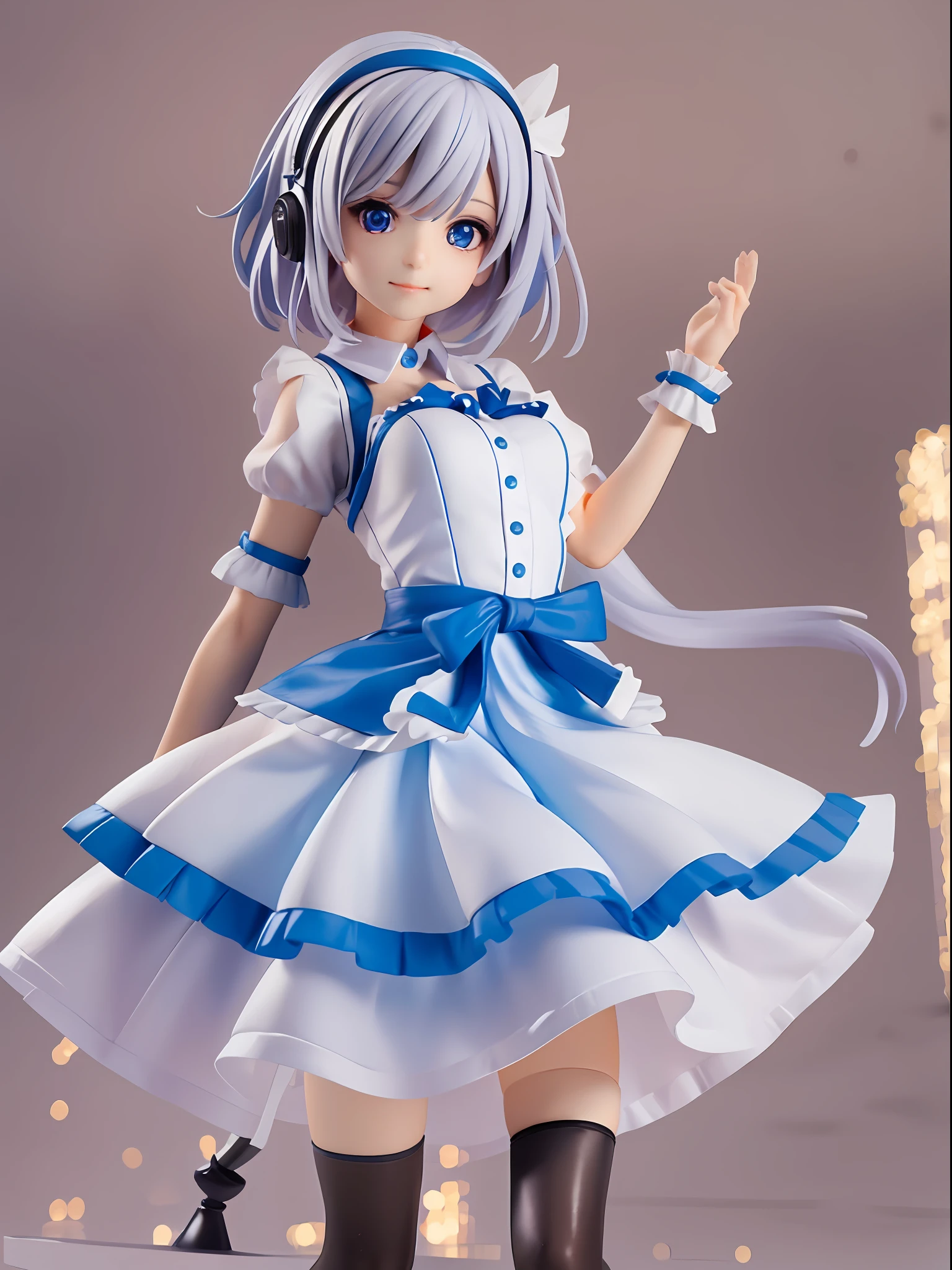 1girl,white hair,((bule hair tips)),black headphone,blue ribbon hairband,maid clothes(white blue),blue eye,hand up, short hair,hair between eyes BREAK full body, chibi, [3d], (3dcg), ((octane render)), smile, closed mouth BREAK (8k, RAW photo, best quality, masterpiece:1.2), ultra high res, (((realistic, photo-realistic))), professional lighting, detailed lighting, professional photography, fisheye, dynamic angle, high quality, high res, extremely detailed, bloom BREAK depth of field, sketch, sharp focus, soft lighting, good composition, god light highlight, detailed, (((photorealistic details))), detailed skin, to8contrast style