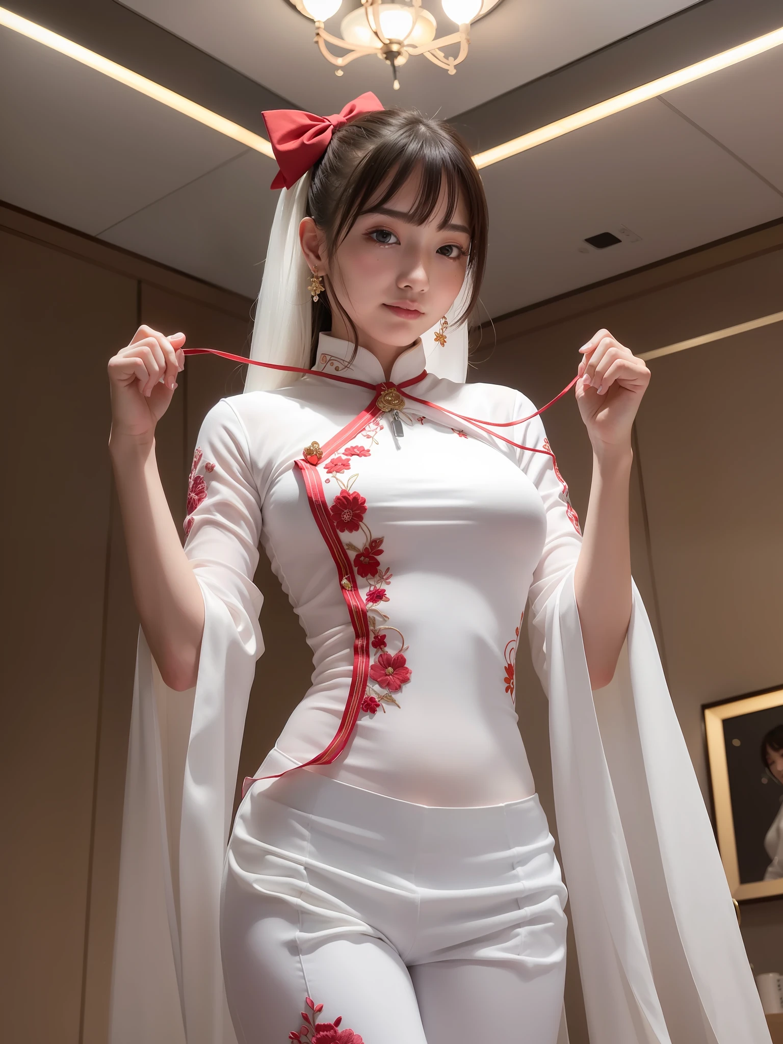 1girl, (best quality, masterpiece, ultra high resolution),(photorealistic:1.3), (realistic:1.3),(long legs:1.3), (closed mouth), (light smile:1.2), (long white ao dai:1.2), (Embroidered:1.2), (long trousers:1.2), (red bow tie:1.2),(day:1.3), (bright lights:1.3), indoors, busty, dynamic pose, vivacious and seductive,(standing), (slender), (slender legs), (busty:1.2), (facing to the side), shiny skin, nose blush, (male focus, from below:1.2), (lower body:1.2),
