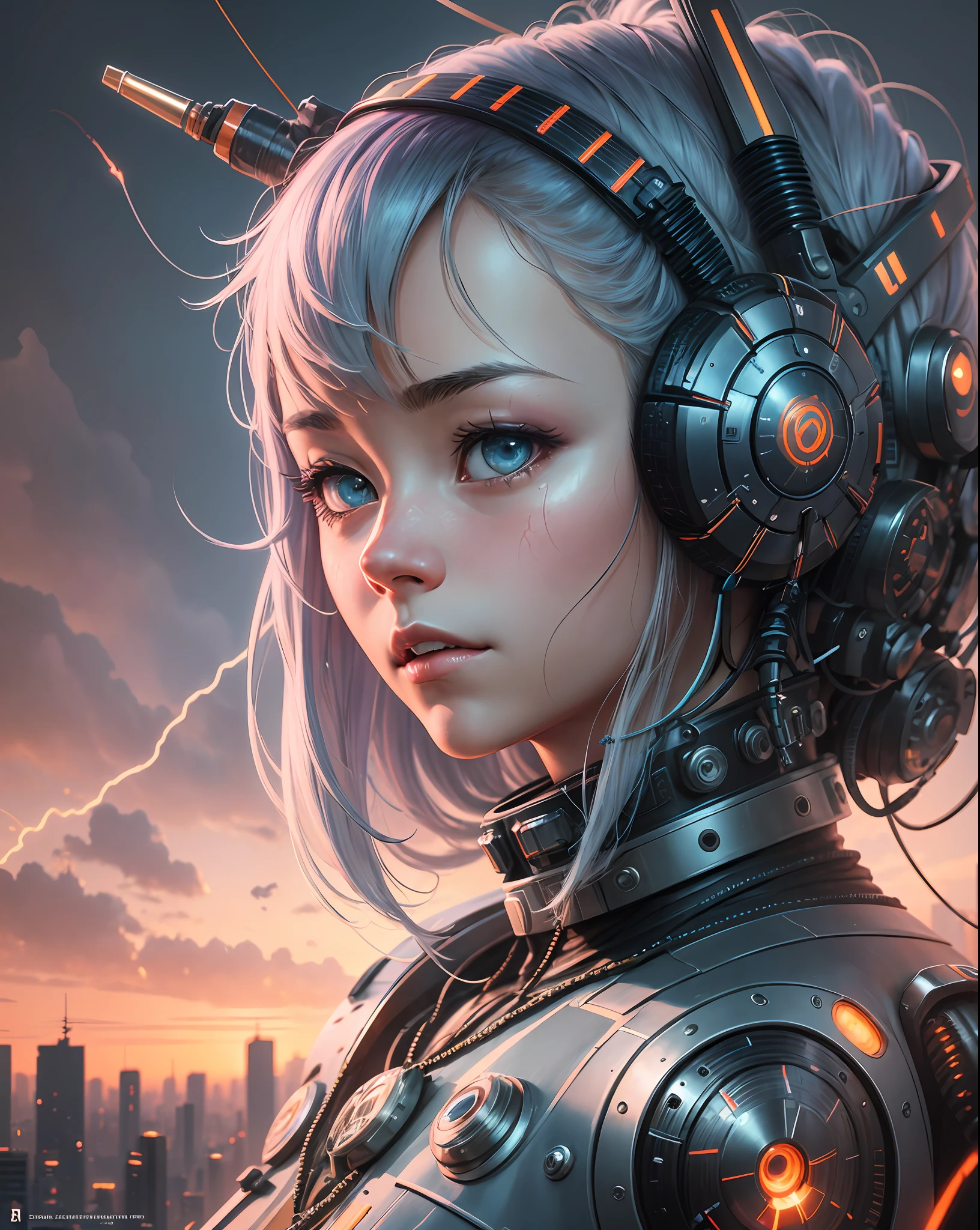 a woman with a robot head and many wires on her head, cyborg - girl, by Kanō Naizen, hajime sorayama designed girl, anime robotic mixed with organic, portrait of a mechanical girl, art of katsuhiro otomo, cyborg girl, artist katsuhiro otomo, by Masamune Shirow, mechanical Cyborg, Science Fiction, Cities, Rendered in Octane, hyper realistic, 8k, epic composition, cinematic, octane render, artstation landscape vista photography,Hiroshi Yoshida,moody lighting rendered by octane engine,characters 8K symmetrical arstation, cape,cinematic lighting, intricate details, 8k detail post processing, hyperealistic,ar 2:3 Reality Reality --auto --v6 --s2