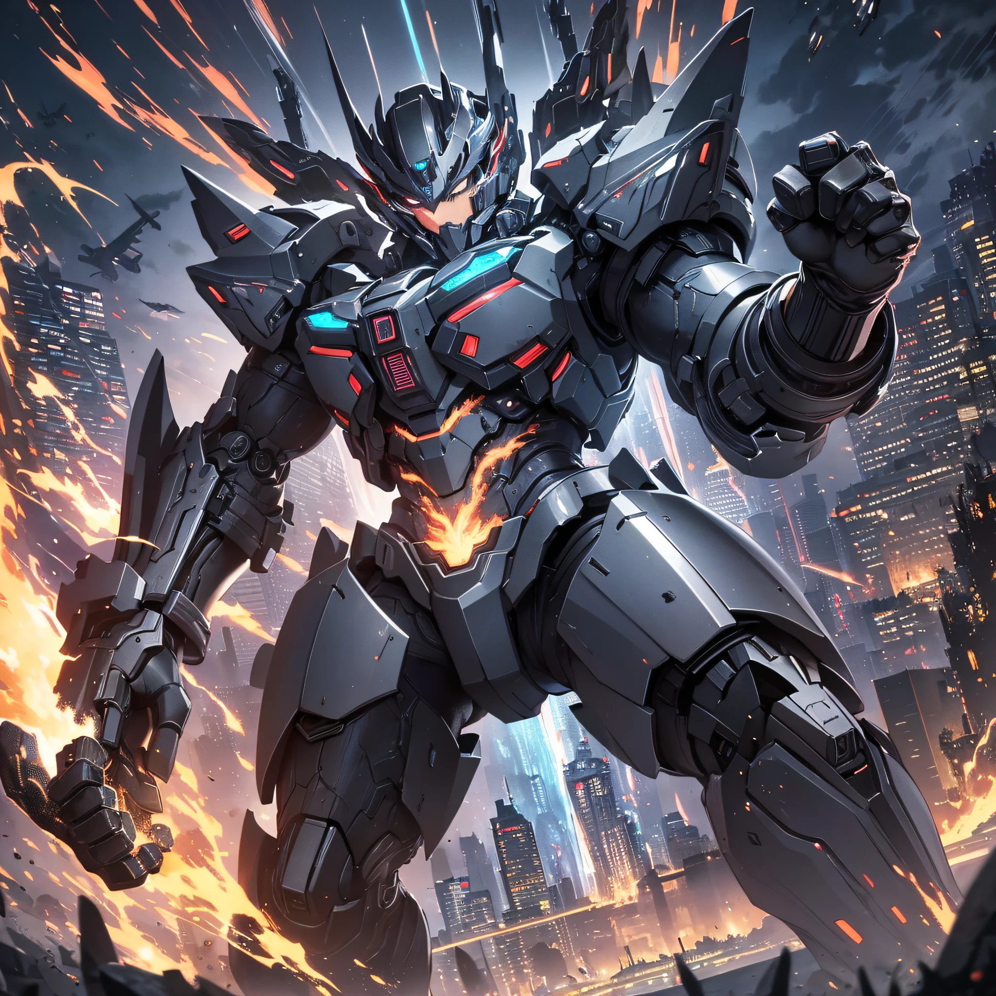 Absurd resolution, high resolution, (masterpiece: 1.4), hyper-detail, night, a mech, black armor, combat, monsters, attack, fire, shock, wave your fist (1.4)
