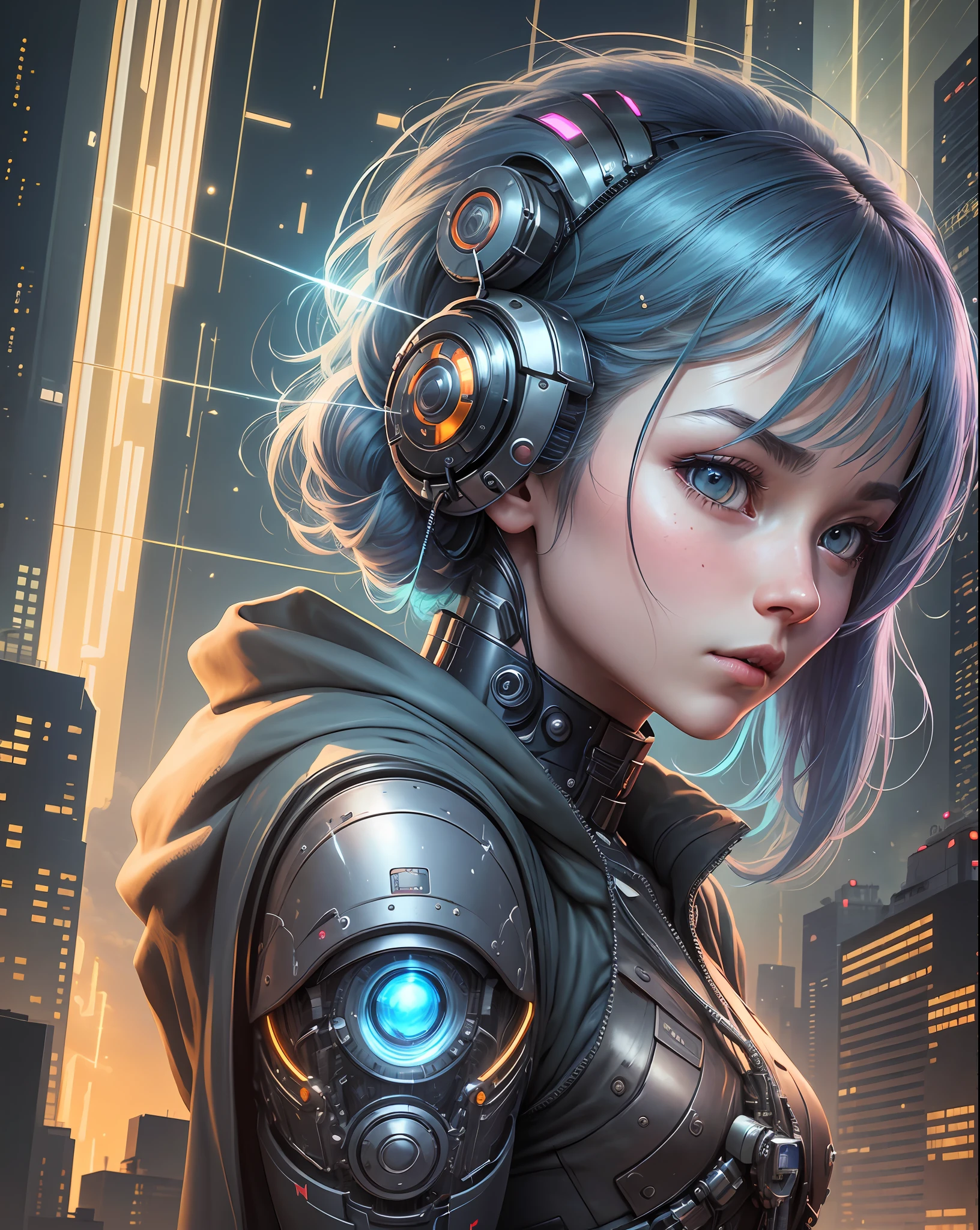 a woman with a robot head and many wires on her head, cyborg - girl, by Kanō Naizen, hajime sorayama designed girl, anime robotic mixed with organic, portrait of a mechanical girl, art of katsuhiro otomo, cyborg girl, artist katsuhiro otomo, by Masamune Shirow, mechanical Cyborg, Science Fiction, Cities, Rendered in Octane, hyper realistic, 8k, epic composition, cinematic, octane render, artstation landscape vista photography,Hiroshi Yoshida,moody lighting rendered by octane engine,characters 8K symmetrical arstation, cape,cinematic lighting, intricate details, 8k detail post processing, hyperealistic,ar 2:3 Reality Reality --auto --v6 --s2