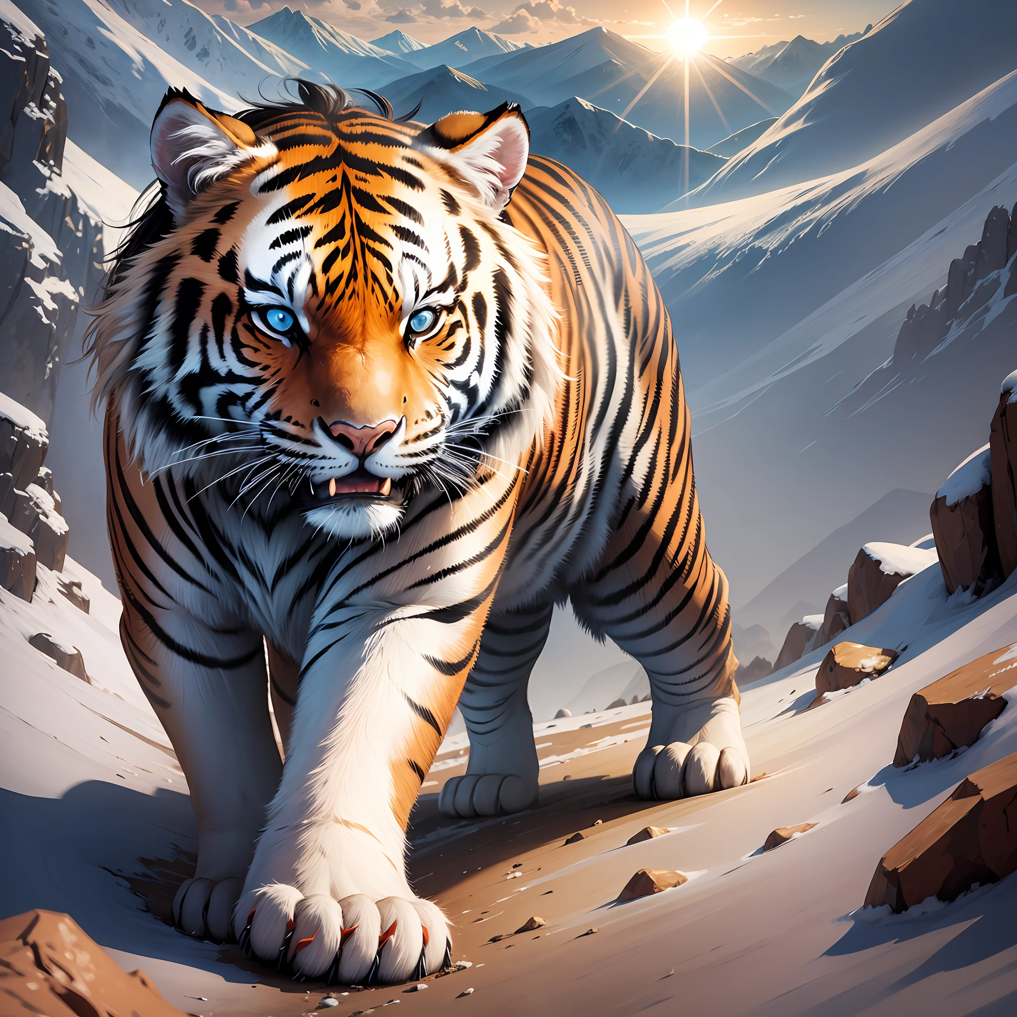Siberian tiger descending mountain, the sun is shining, --auto --s2