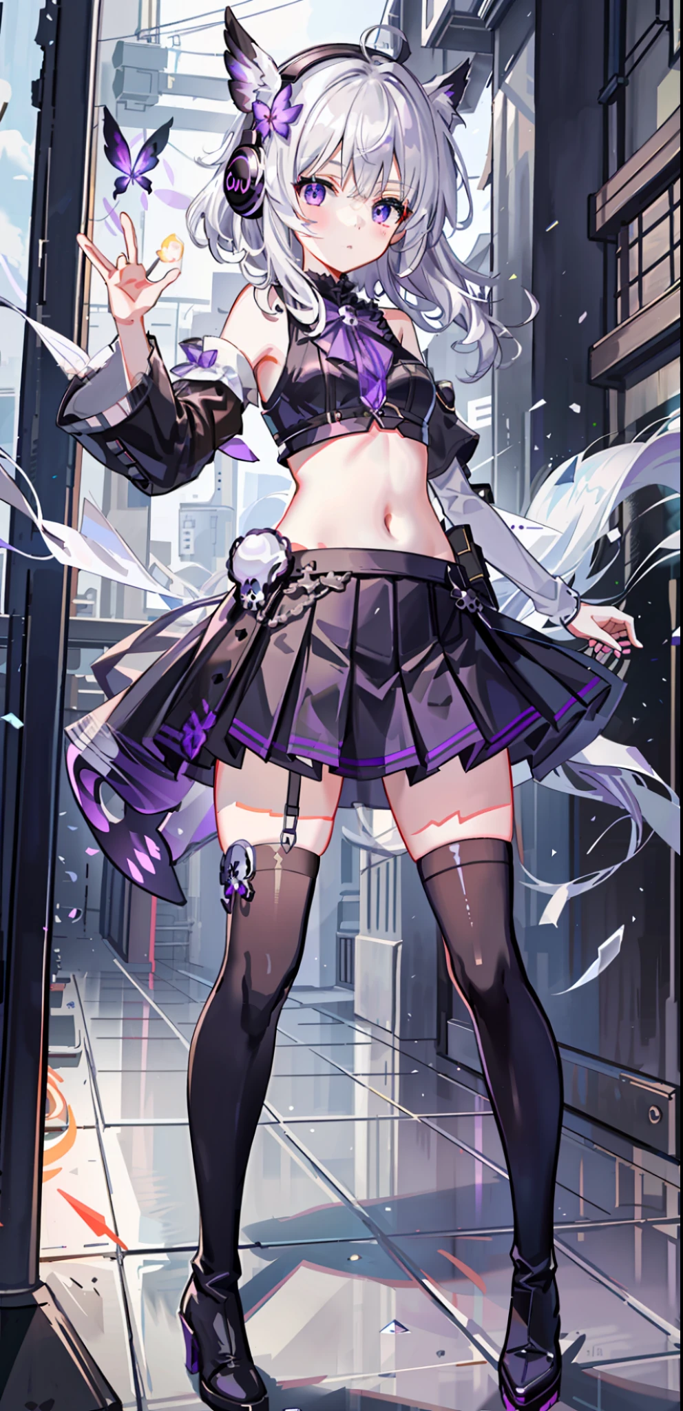 {{{Masterpiece}}}, {Very detailed CG Unity 8k wallpaper}, white hair, white purple eyes, black clothes, skull hands, long hair, dead white, tactical vest, headphones, cute face, solo, loli face, short hair, skeleton arms, solo, illustrations, purple butterfly hair ornament, fantasy, belly button, erotic clothing, loli face, pleated skirt, standing painting, full body, black boots, tachie, medium breasts, standing, dynamic pose, full body in pictures