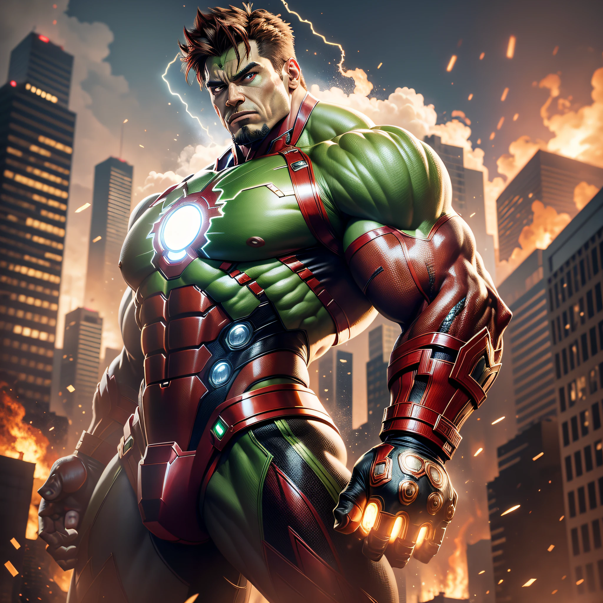 Mutant Iron Man mixed with Hulk, full body, background with falling and burning buildings, with lots of lights, background rich in detail, ultra realistic, ultra detailed, high rendering, rtx, 8k, ((bodybuilding)) --auto --s2