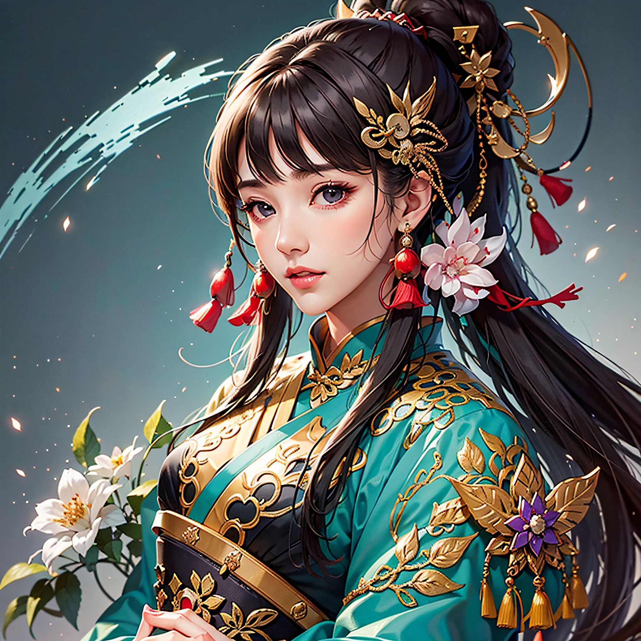 Warring States period, female general, very beautiful face, high dynamic angle, 8K, very delicate, very dense, vivid color, dynamic wallpaper Japan kimono and Chinese Hanfu MIX, beautiful black hair,