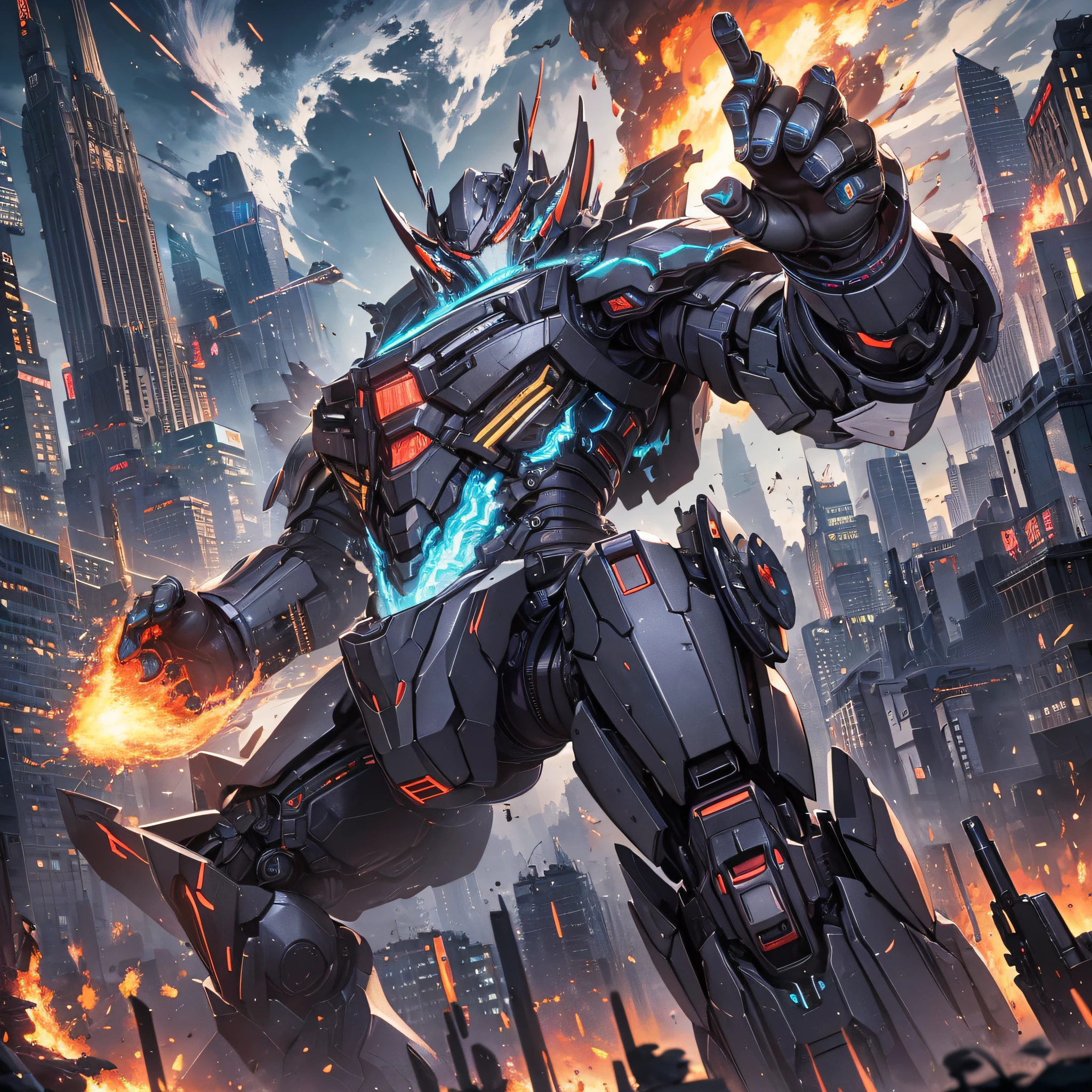 Absurd resolution, high resolution, (masterpiece: 1.4), hyper-detail, night, a mech, black armor, combat, monsters, attack, fire, shock, wave your fist (1.4)
