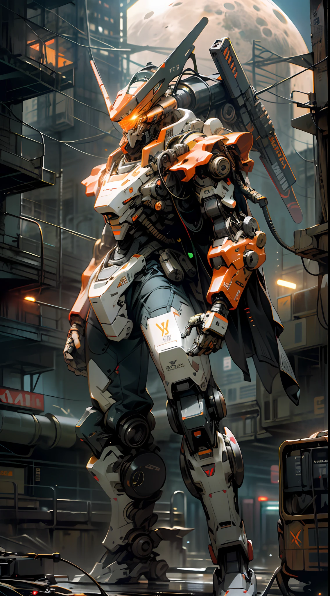 On the moon,barren planets, ruins, holding_weapon, no_humans, glowing, robot, building, glowing_eyes,orange mecha, science_fiction, city, realistic,mecha,Milky Way Galaxy background,neon,cyberpunk,