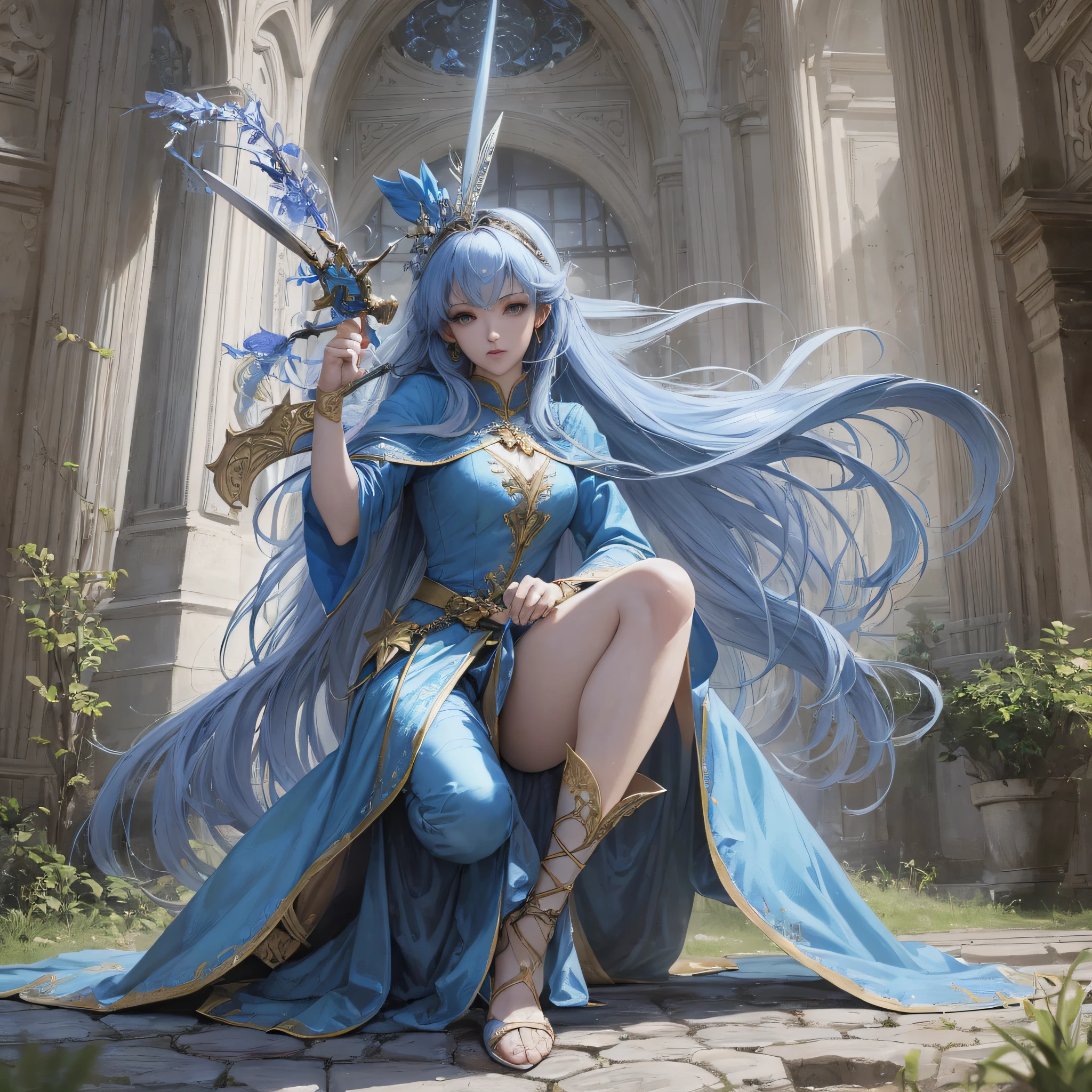 There are women in blue dresses holding swords, fairy heroes, fairy fantasy, flowing hair and robes, amiable, full body martial arts --auto --s2