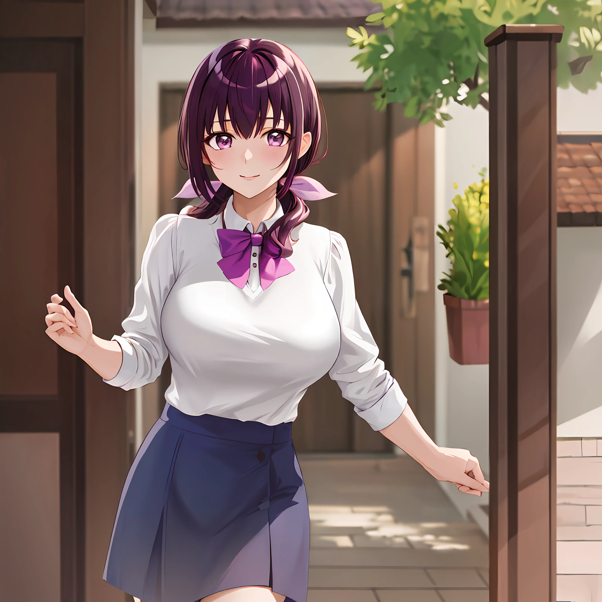 (Day:1.7) masterpiece, best quality, highres, hi1, purple hair, purple eyes, large breasts, hair bow, skirt, white shirt, cowboy shot,