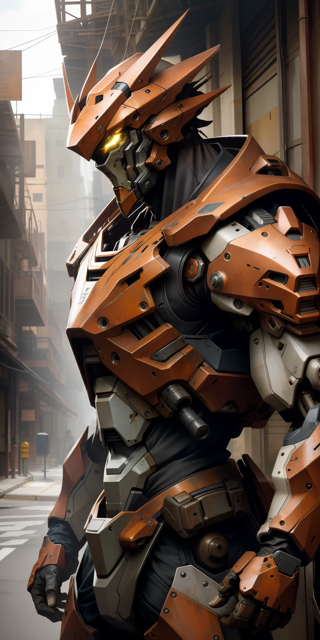 Portrait photo of an alpha male, perfect eyes, in a worn mecha suit, intricate, (steel metal [rust]), elegant, sharp focus, photo by greg rutkowski, soft lighting, vibrant colors, masterpiece, ((streets)), cowboy shot, dynamic pose,