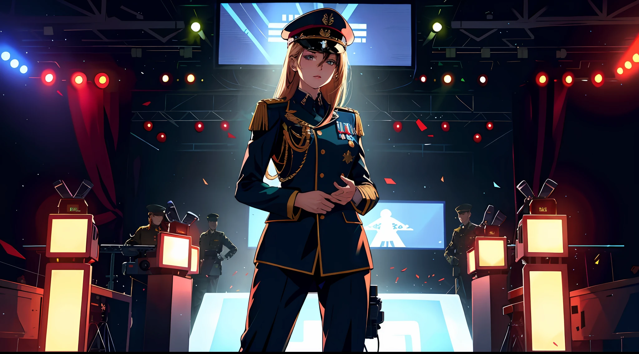 High resolution, highest quality, illustrated, super detailed, a female host in military uniform is standing on the left side of the speech stage, on her right is a huge electronic screen, under which the audience is full