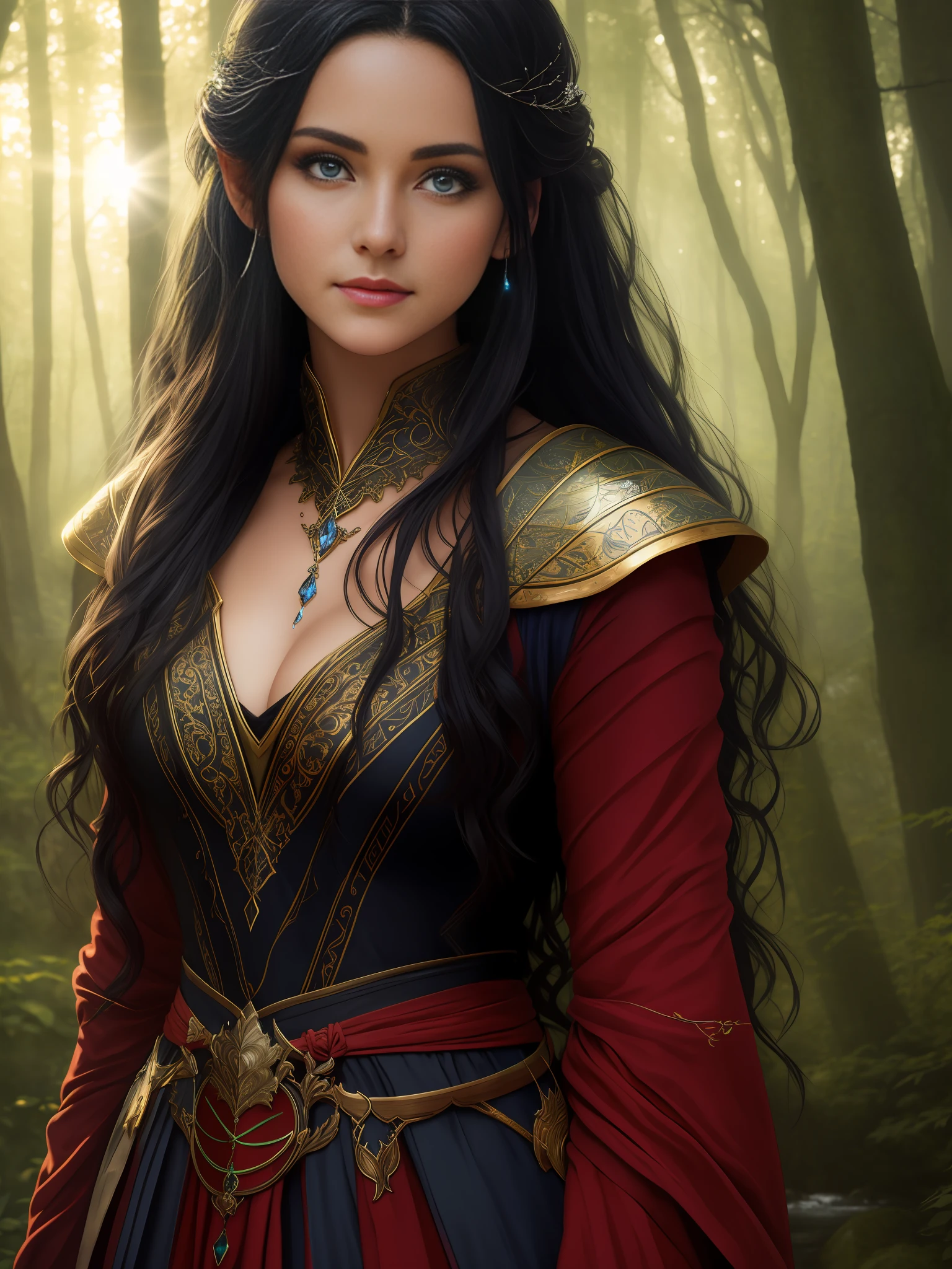 epic closeup photo portrait, amazing movie poster, A beautiful girl, blue eyes, black medium hair, fairy, lord of the rings style, dressed in long brightnes red smooth cloth, by side a stream, natural light, a beautiful forest is visible through the branches, trending on artstation, professional photo studio, uhd, hi detailing, dramatic lighting, back light, best quality, high quality, highres, morning dew natural day lighting, studio lighting, detail enhancement, high resolution fix, depth of field, film, lineart, sharpen.