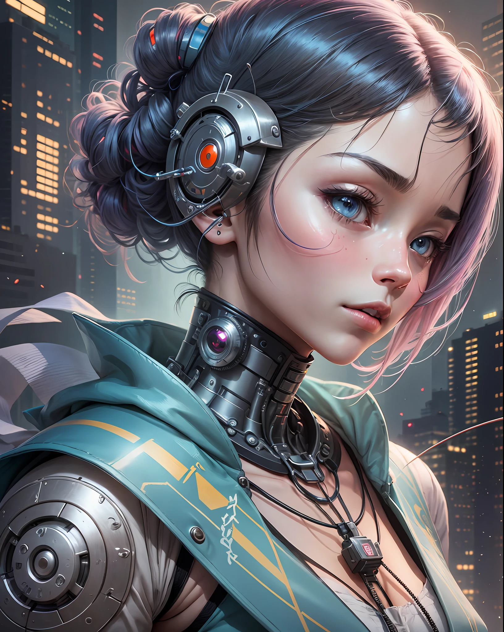 a woman with a robot head and many wires on her head, cyborg - girl, by Kanō Naizen, hajime sorayama designed girl, anime robotic mixed with organic, portrait of a mechanical girl, art of katsuhiro otomo, cyborg girl, artist katsuhiro otomo, by Masamune Shirow, mechanical Cyborg, Science Fiction, Cities, Rendered in Octane, hyper realistic, 8k, epic composition, cinematic, octane render, artstation landscape vista photography,Hiroshi Yoshida,moody lighting rendered by octane engine,characters 8K symmetrical arstation, cape,cinematic lighting, intricate details, 8k detail post processing, hyperealistic,ar 2:3 Reality Reality --auto --v6 --s2