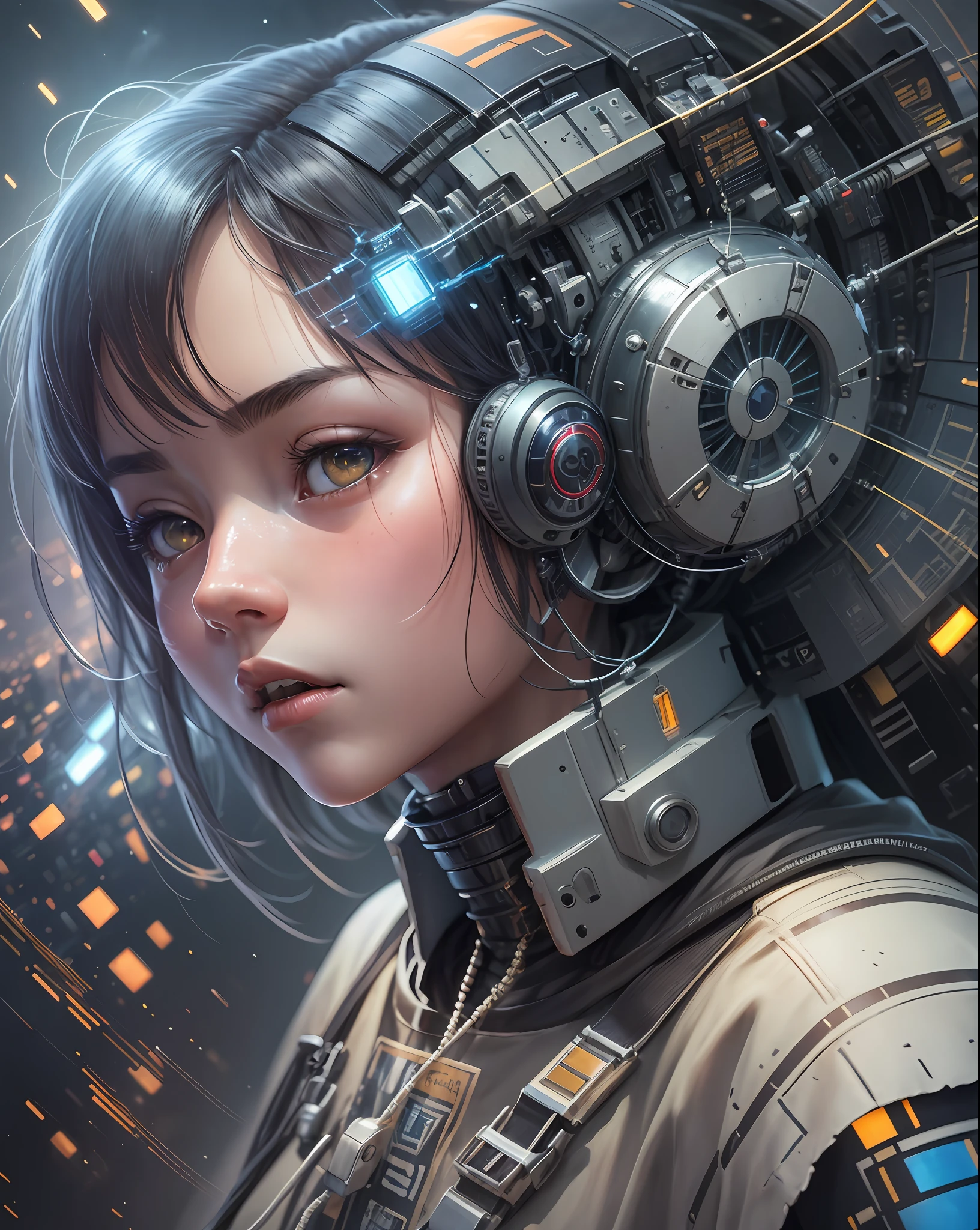 a woman with a robot head and many wires on her head, cyborg - girl, by Kanō Naizen, hajime sorayama designed girl, anime robotic mixed with organic, portrait of a mechanical girl, art of katsuhiro otomo, cyborg girl, artist katsuhiro otomo, by Masamune Shirow, mechanical Cyborg, Science Fiction, Cities, Rendered in Octane, hyper realistic, 8k, epic composition, cinematic, octane render, artstation landscape vista photography,Hiroshi Yoshida,moody lighting rendered by octane engine,characters 8K symmetrical arstation, cape,cinematic lighting, intricate details, 8k detail post processing, hyperealistic,ar 2:3 Reality Reality --auto --v6 --s2