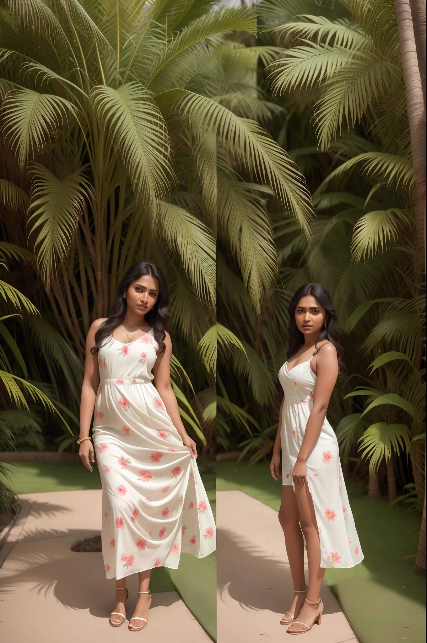 indian Tamil woman wearing white floral loose sundress in lawn of a penthouse,((no nudity)), 8k uhd, digital SLR camera, high quality, film grain,high detail,UHD, masterpiece, accurate, anatomically correct, super detail, high quality, 16k, highres, award winning, ((full body shot)), long shot,soft light rays, realistic skin texture, extreme skin details, insane details, intricate details, amazing fine detail, photorealistic, photograph, realistic, realism, photorealism, film grains, lifelike texture, dynamic composition, sharp focus, raw photo, photon metering, analog photo style,