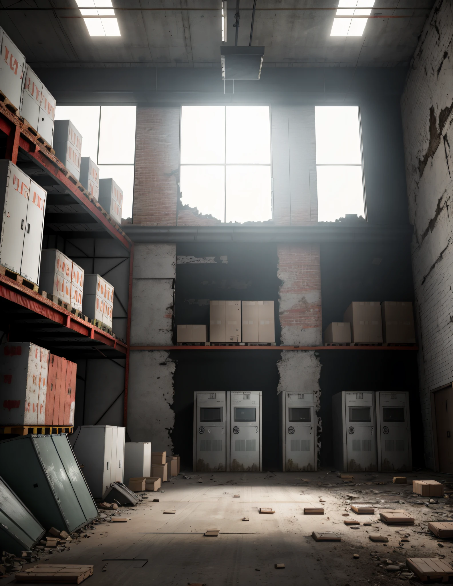 An abandoned warehouse in the apocalypse, with many safes piled up in the warehouse