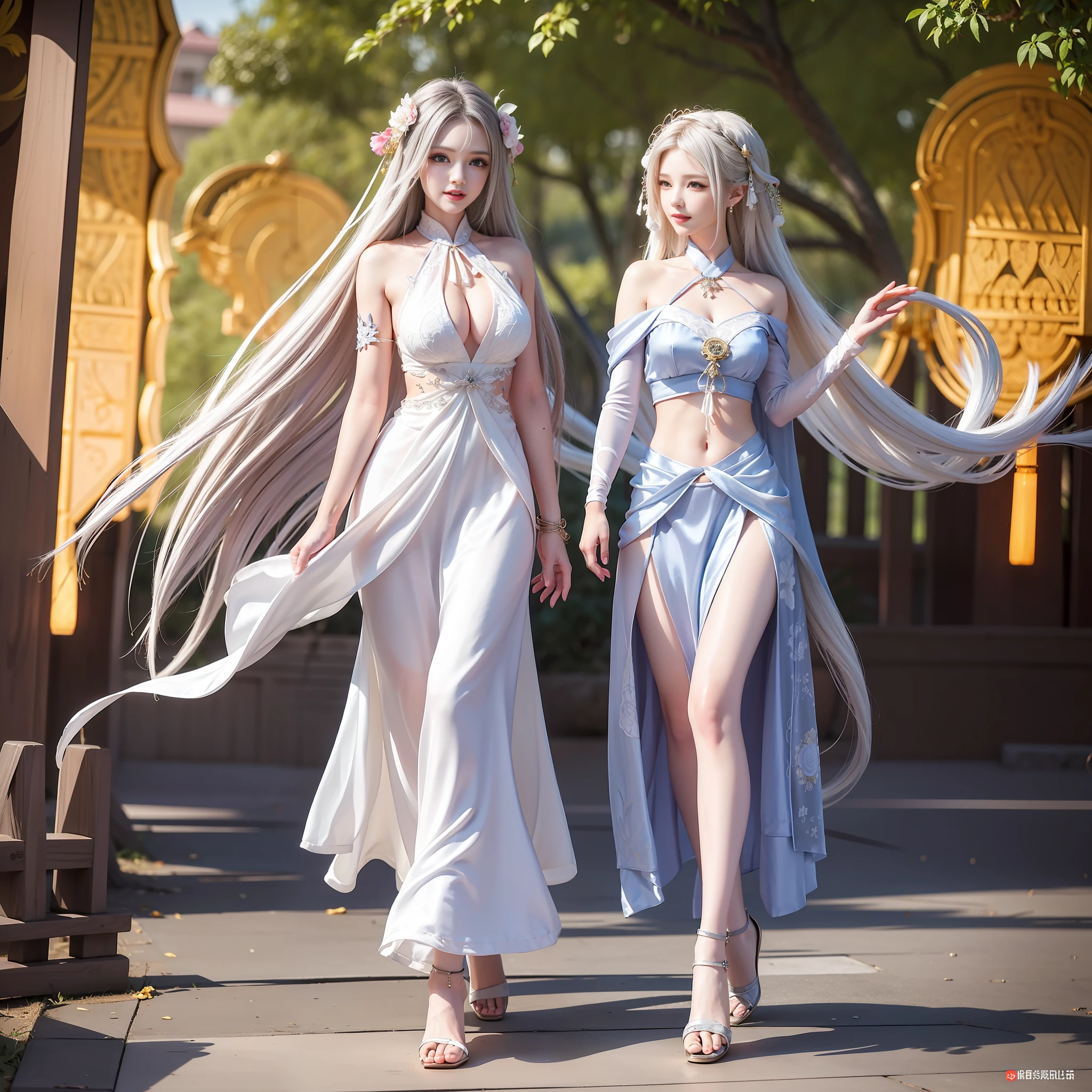 2girl, (full body display: 1.6), solo, serious face, long white hair, official art, unified 8k wallpaper, ultra detail, beauty and aesthetics, masterpiece, best quality, realistic, (zentangle, mandala, tangled, entangled), (fractal art), (ecstatic silk:1.5), web, chain, very detailed, dynamic angle, epic composition, most beautiful chaotic forms, elegant, fauvist design, bright colors, romanticism, Gray mist, grinning (civet) with sharp teeth, ( (((state: walking) )