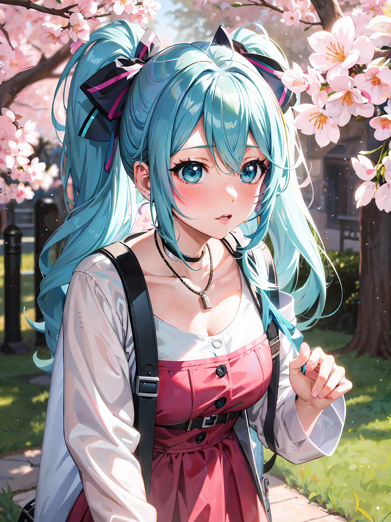 anime girl with blue hair and a backpack in front of a tree, mikudayo, anime style 4 k, anime girl with teal hair, anime style. 8k, beautiful anime girl, pretty anime girl, beautiful anime portrait, portrait of hatsune miku, hatsune miku portrait, anime moe artstyle, high quality anime artstyle, official artwork