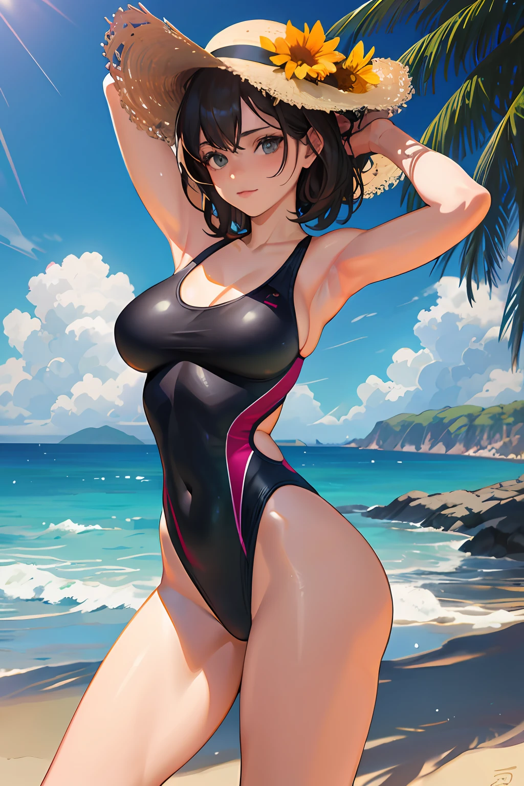 (detailed and realistic), a beautiful girl wearing a tight swimsuit, sultry and alluring, at the beach with the warm sun shining down, emphasizing curves and movement, sandy feet, salty air, sea waves crashing in the distance, dynamic light and shadows.